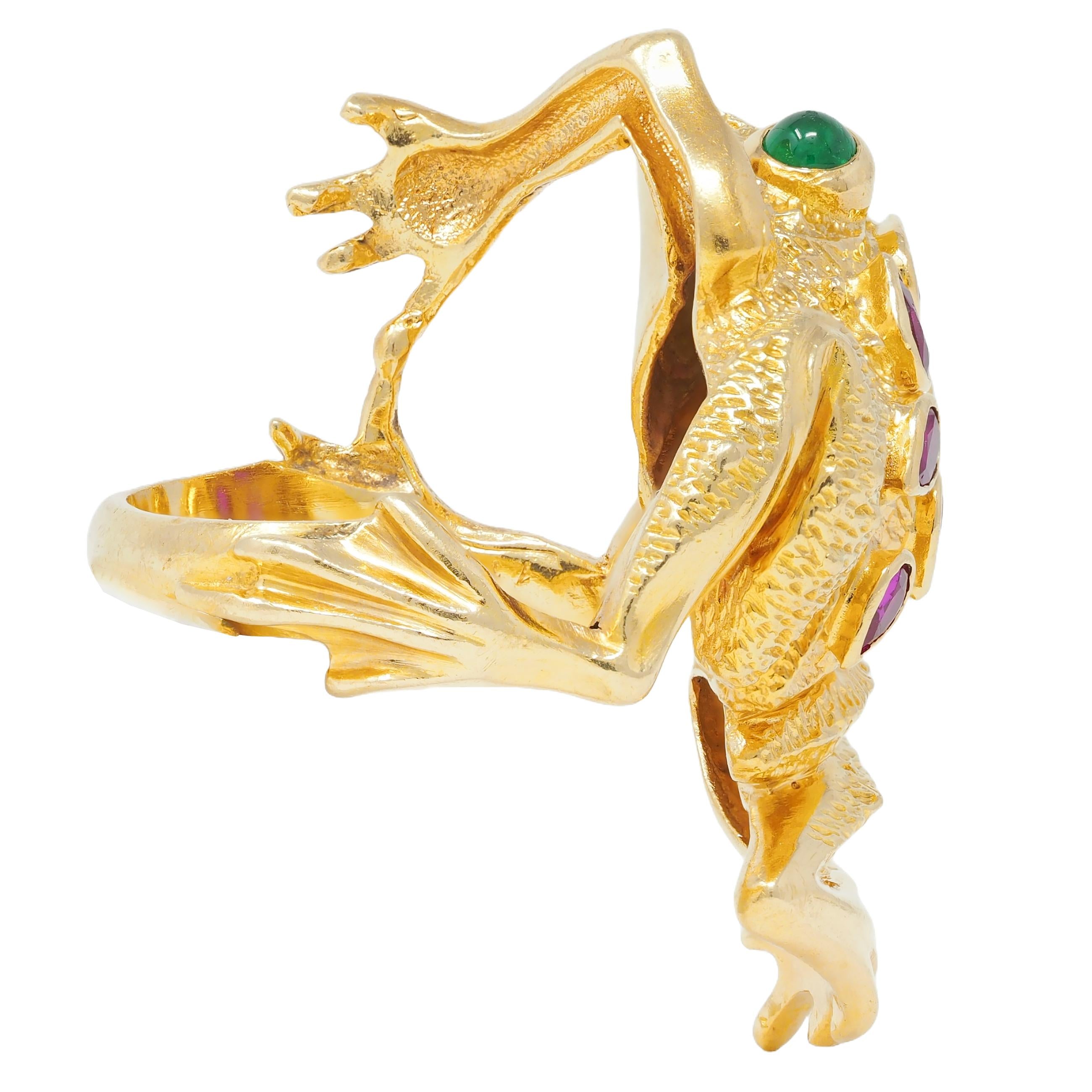 1969 Kurt Wayne 1.60 CTW Ruby Emerald 18 Karat Yellow Gold Vintage Frog Ring