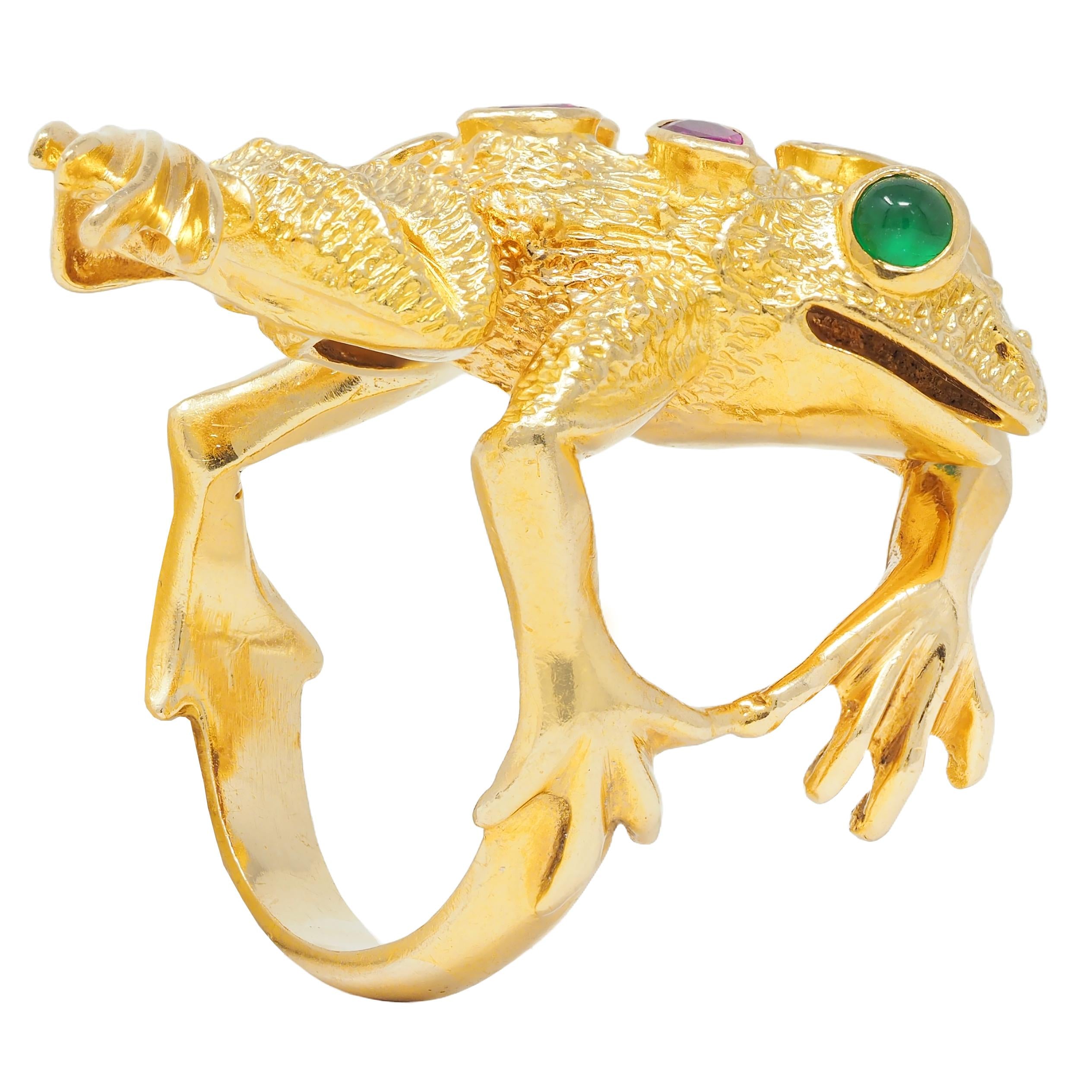 1969 Kurt Wayne 1.60 CTW Ruby Emerald 18 Karat Yellow Gold Vintage Frog Ring