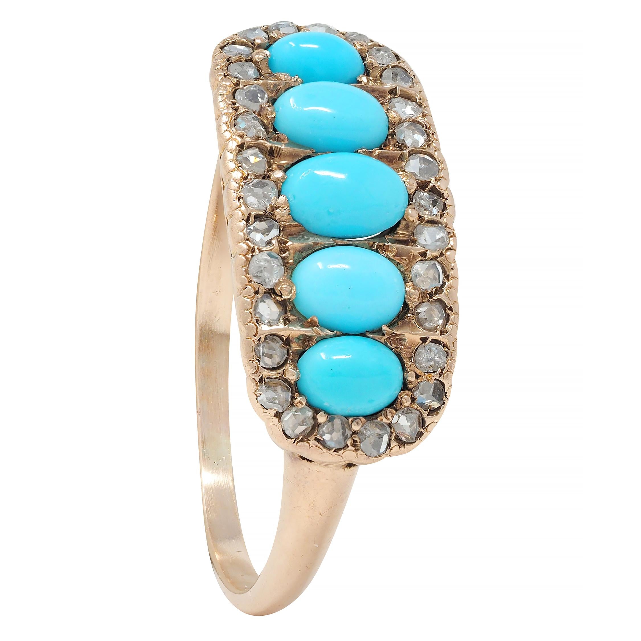 Victorian Turquoise Cabochon Diamond 14 Karat Rose Gold Antique Band Ring