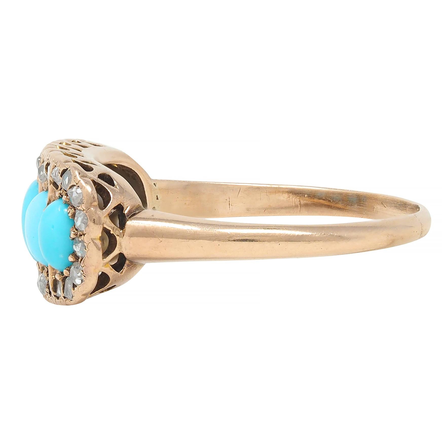 Victorian Turquoise Cabochon Diamond 14 Karat Rose Gold Antique Band Ring