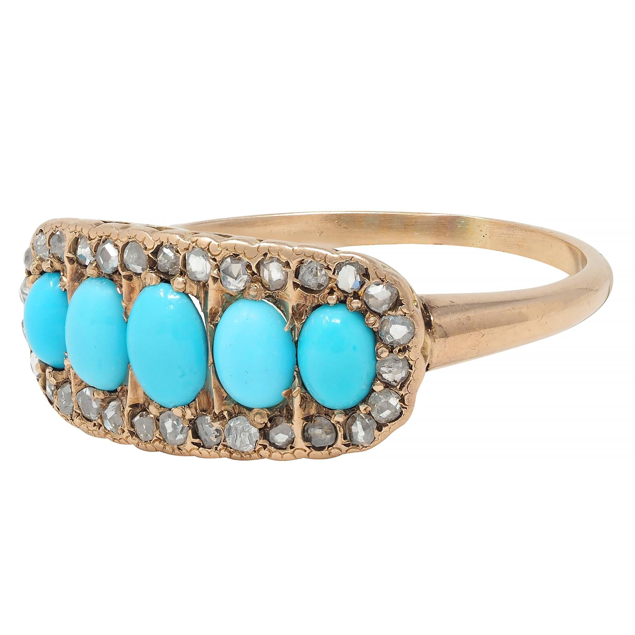 Victorian Turquoise Cabochon Diamond 14 Karat Rose Gold Antique Band Ring