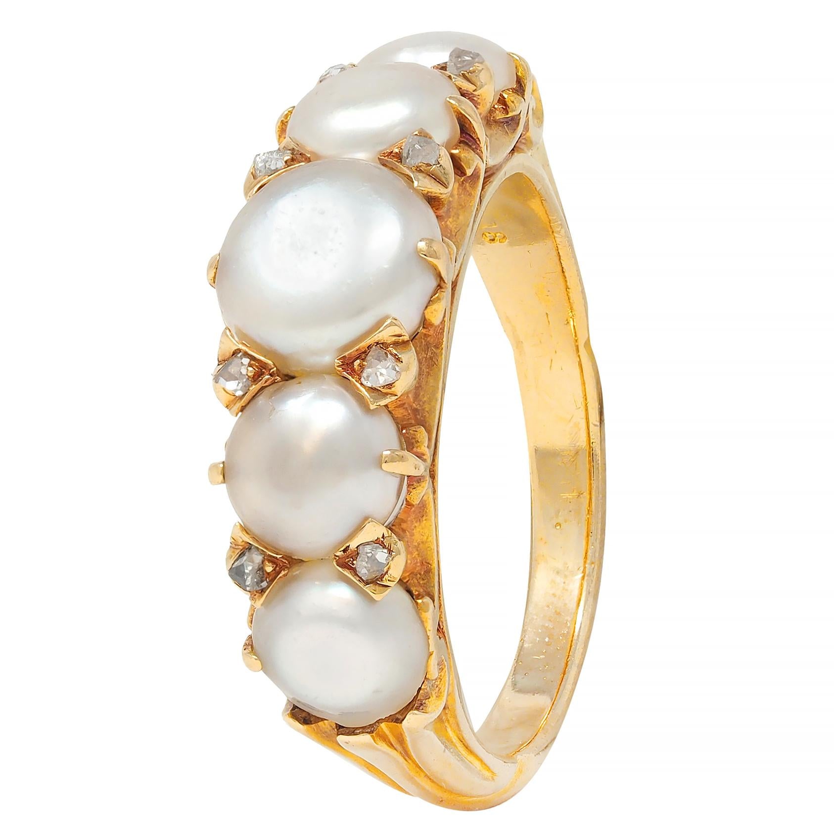 Victorian Button Pearl Diamond 18 Karat Yellow Gold Antique Five Stone Band Ring