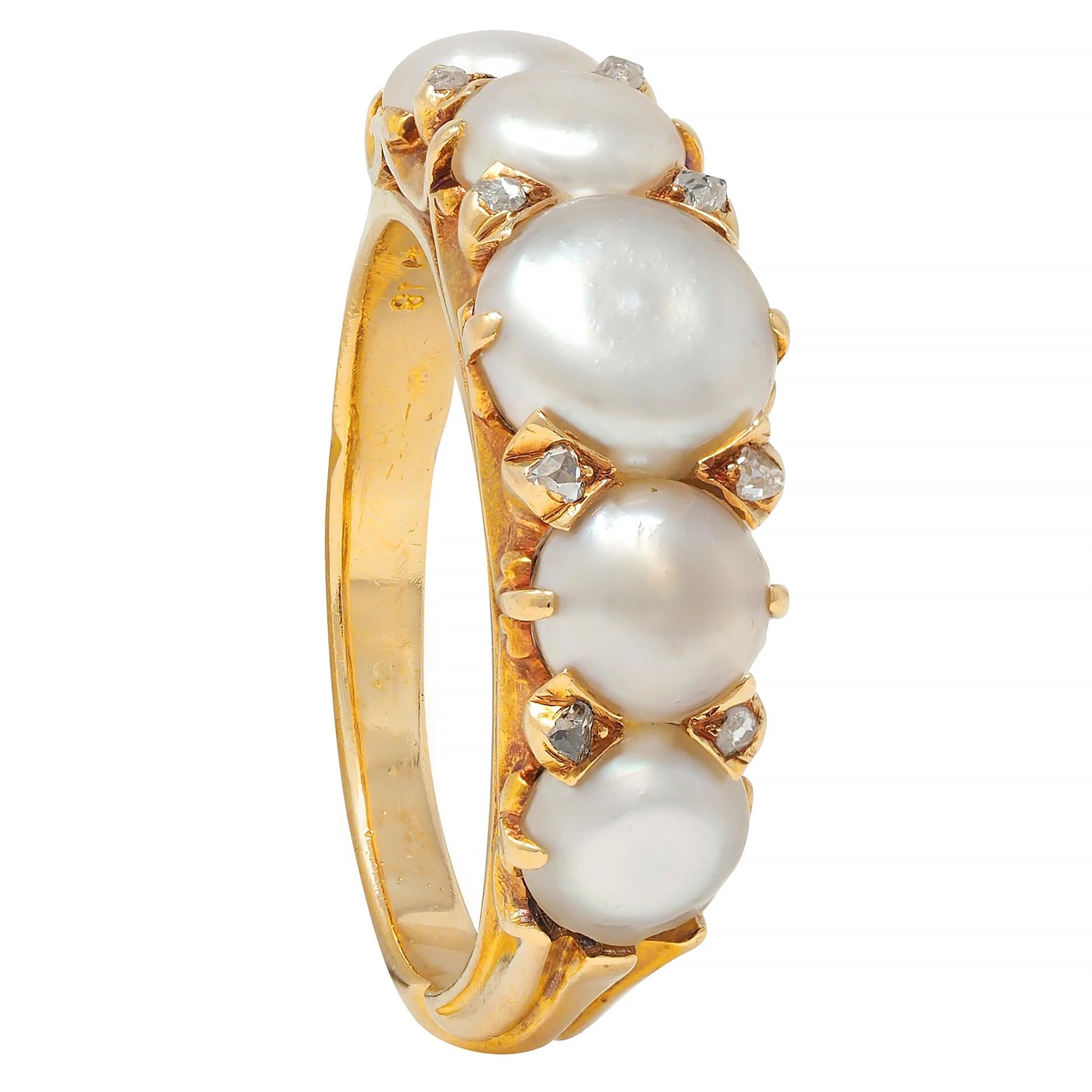 Victorian Button Pearl Diamond 18 Karat Yellow Gold Antique Five Stone Band Ring