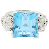 Art Deco 9.01 CTW Step Cut Aquamarine Diamond Platinum Vintage Cocktail Ring