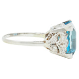 Art Deco 9.01 CTW Step Cut Aquamarine Diamond Platinum Vintage Cocktail Ring