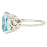 Art Deco 9.01 CTW Step Cut Aquamarine Diamond Platinum Vintage Cocktail Ring