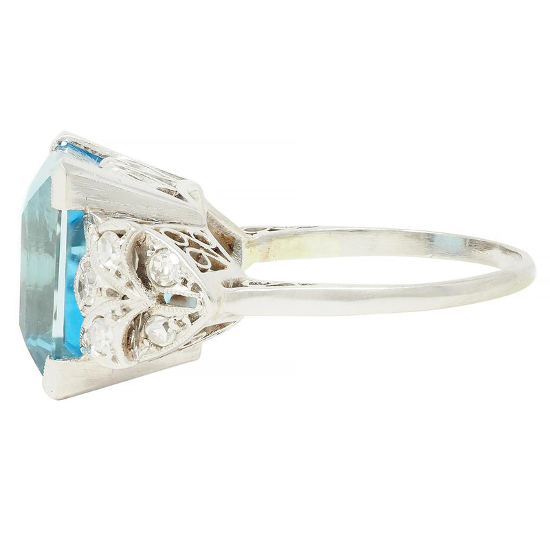 Art Deco 9.01 CTW Step Cut Aquamarine Diamond Platinum Vintage Cocktail Ring