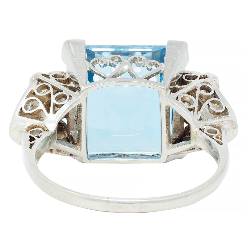 Art Deco 9.01 CTW Step Cut Aquamarine Diamond Platinum Vintage Cocktail Ring