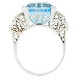 Art Deco 9.01 CTW Step Cut Aquamarine Diamond Platinum Vintage Cocktail Ring