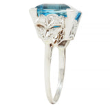 Art Deco 9.01 CTW Step Cut Aquamarine Diamond Platinum Vintage Cocktail Ring