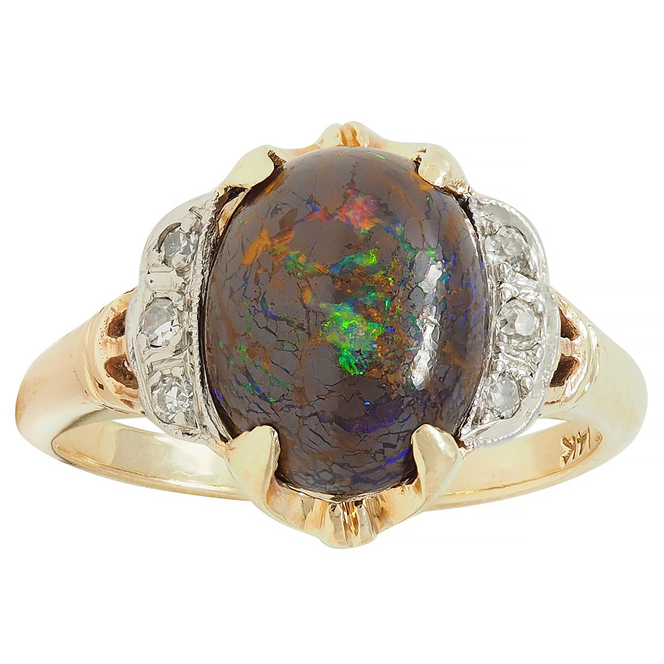 Early Art Deco Boulder Opal Diamond Platinum 14 Karat Gold Antique Garland Ring