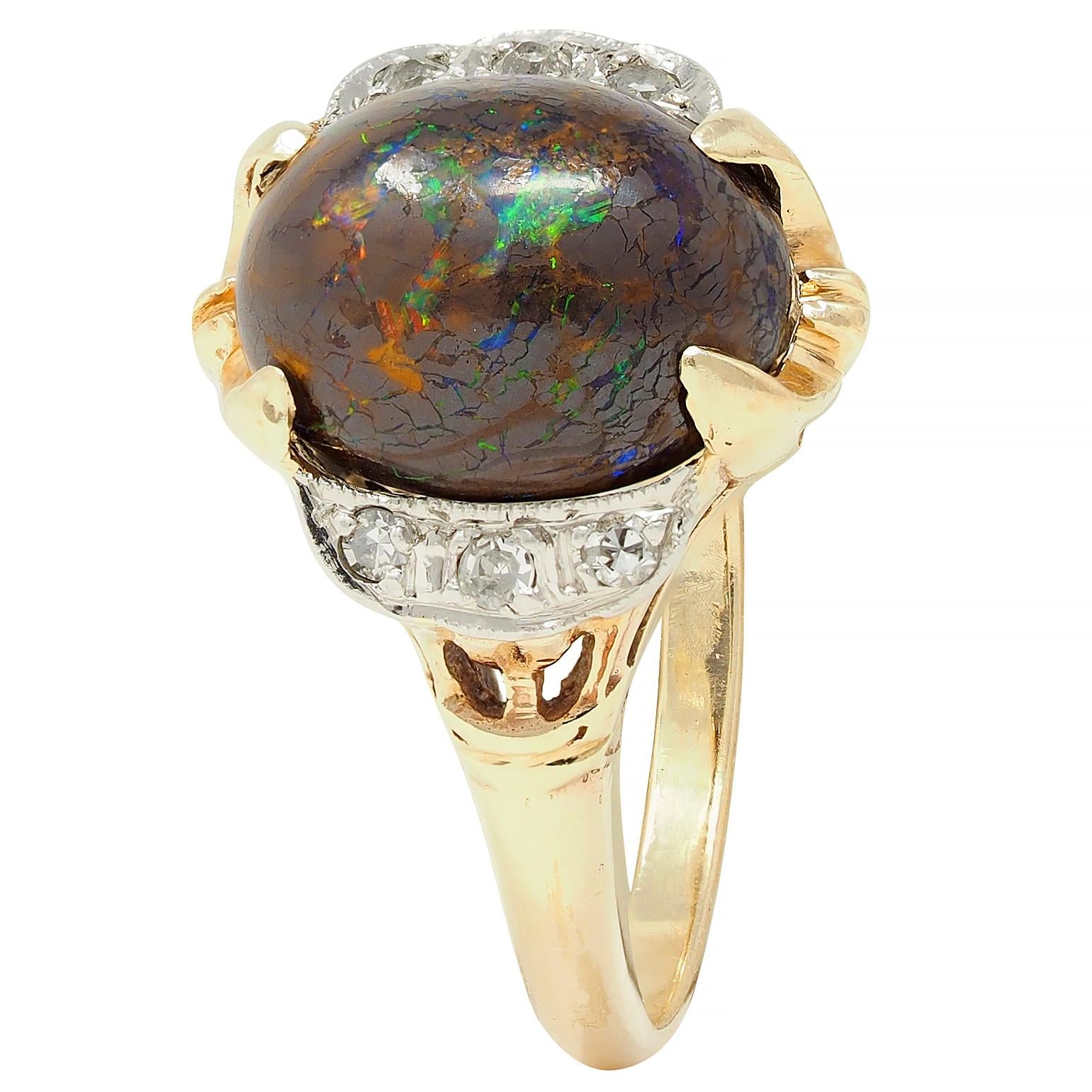 Early Art Deco Boulder Opal Diamond Platinum 14 Karat Gold Antique Garland Ring