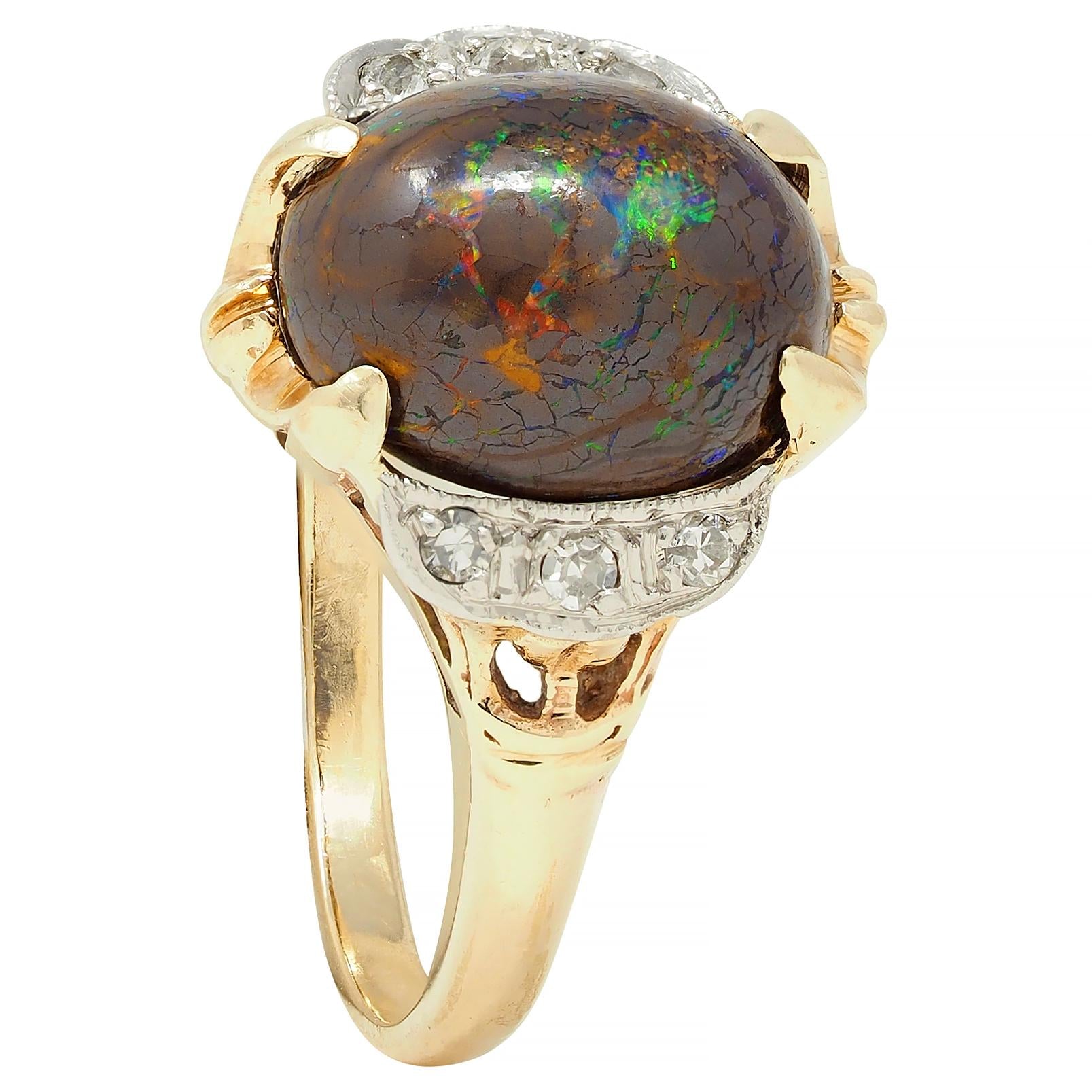 Early Art Deco Boulder Opal Diamond Platinum 14 Karat Gold Antique Garland Ring