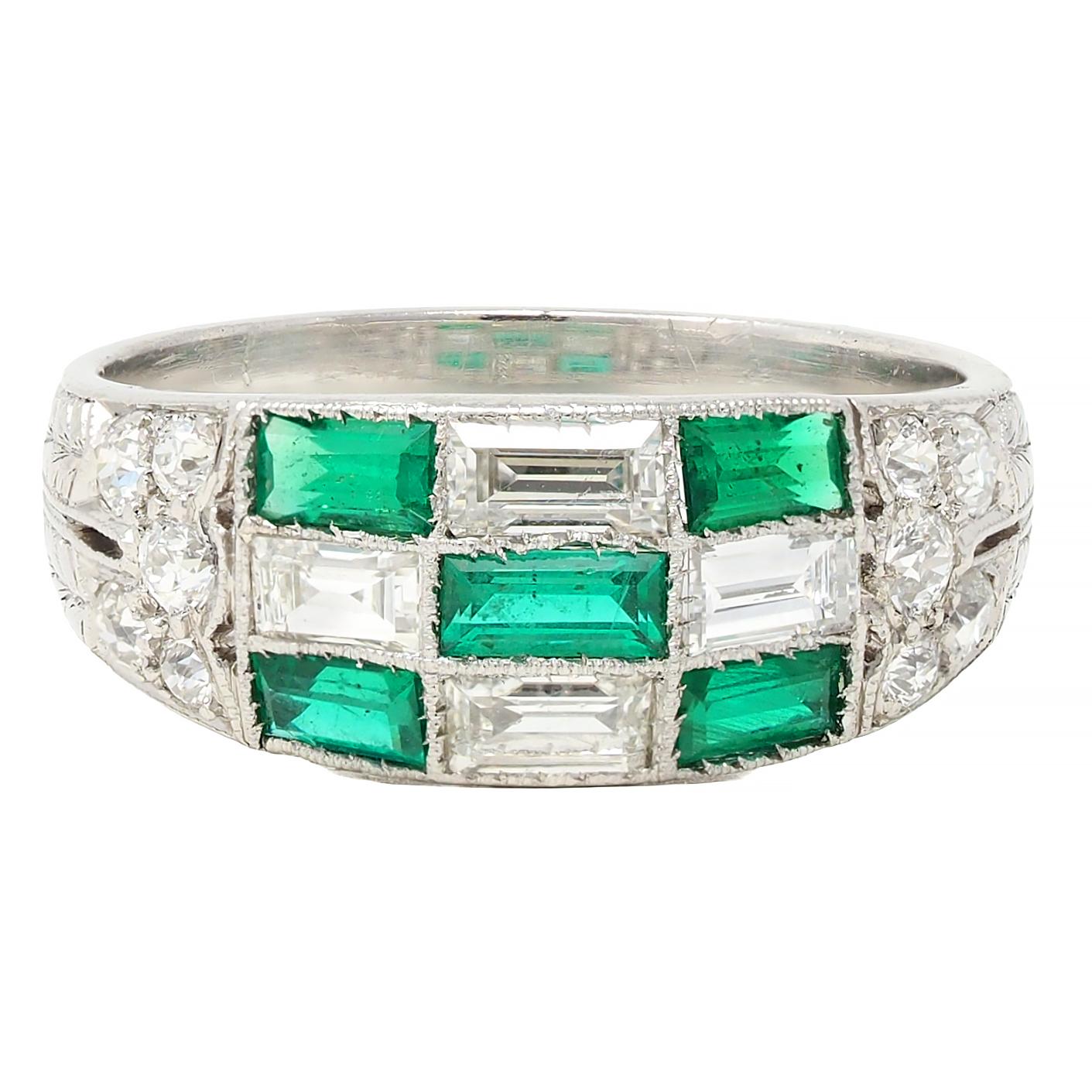 Art Deco 1.22 CTW Emerald Diamond Platinum Antique Checkerboard Band Ring