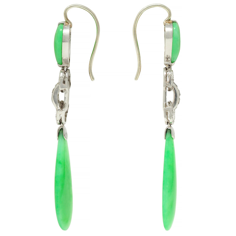 Art Deco 2.72 CTW Step Diamond Jade Platinum Heart Antique Dangle Drop Earrings