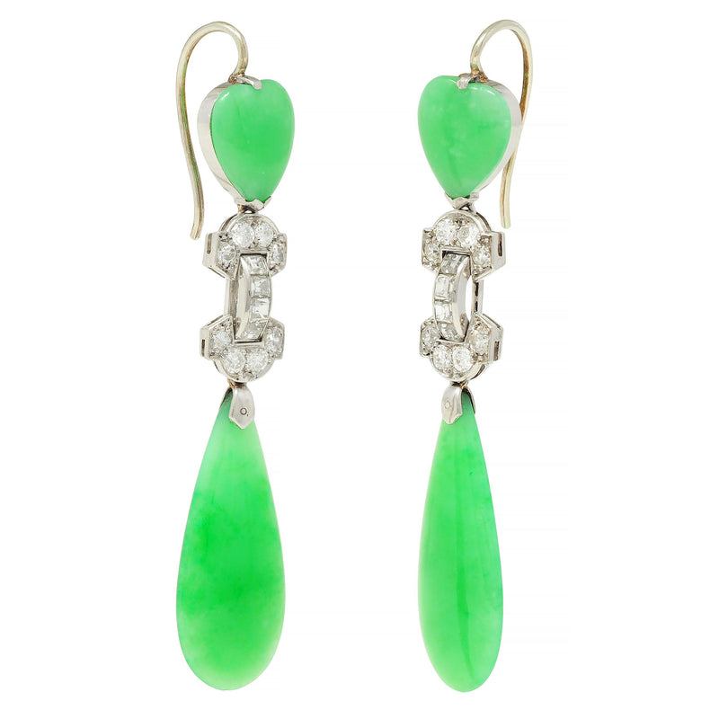 Art Deco 2.72 CTW Step Diamond Jade Platinum Heart Antique Dangle Drop Earrings