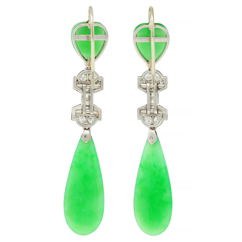 Art Deco 2.72 CTW Step Diamond Jade Platinum Heart Antique Dangle Drop Earrings