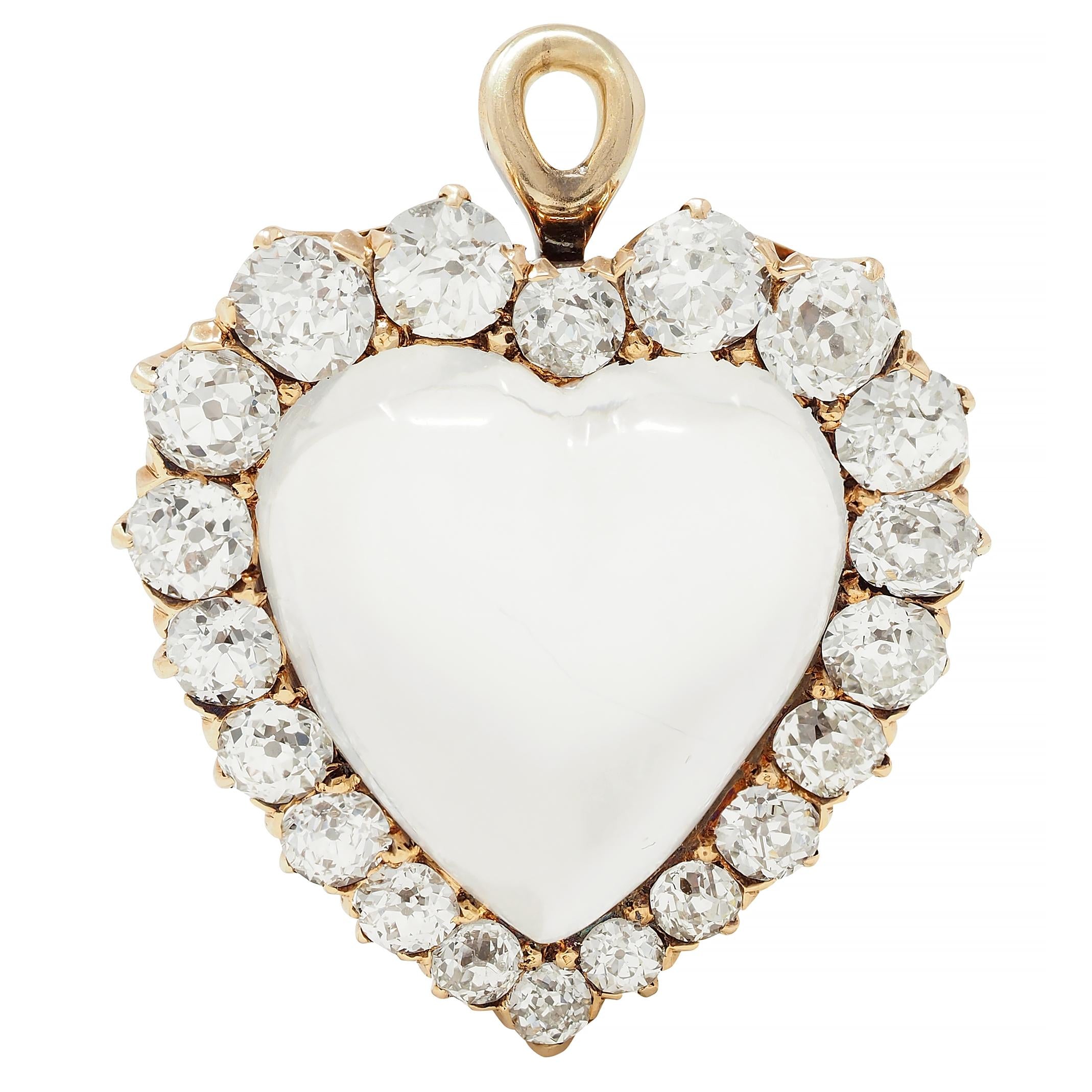 Victorian 1.63 CTW Diamond Moonstone 14 Karat Gold Antique Heart Pendant Brooch