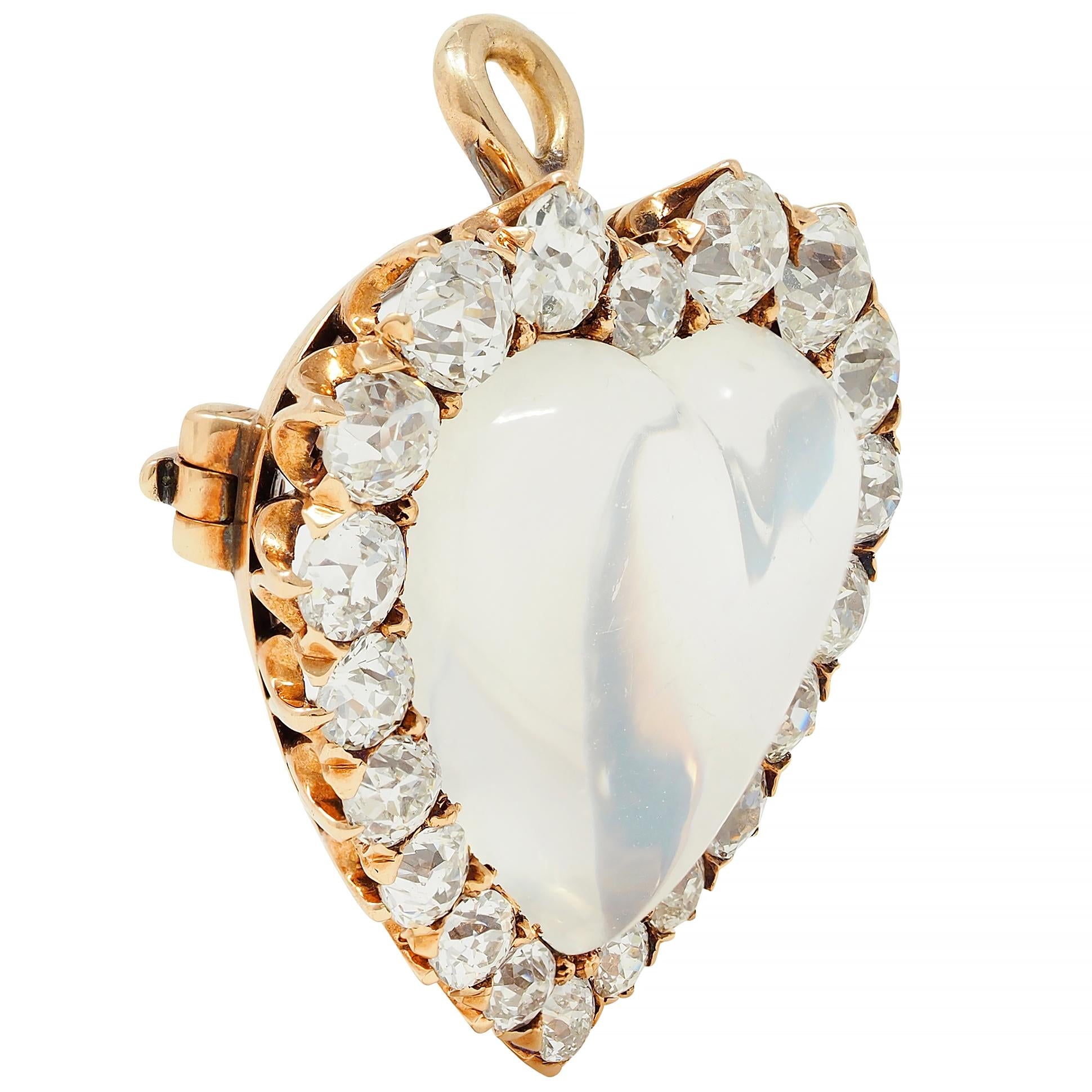 Victorian 1.63 CTW Diamond Moonstone 14 Karat Gold Antique Heart Pendant Brooch