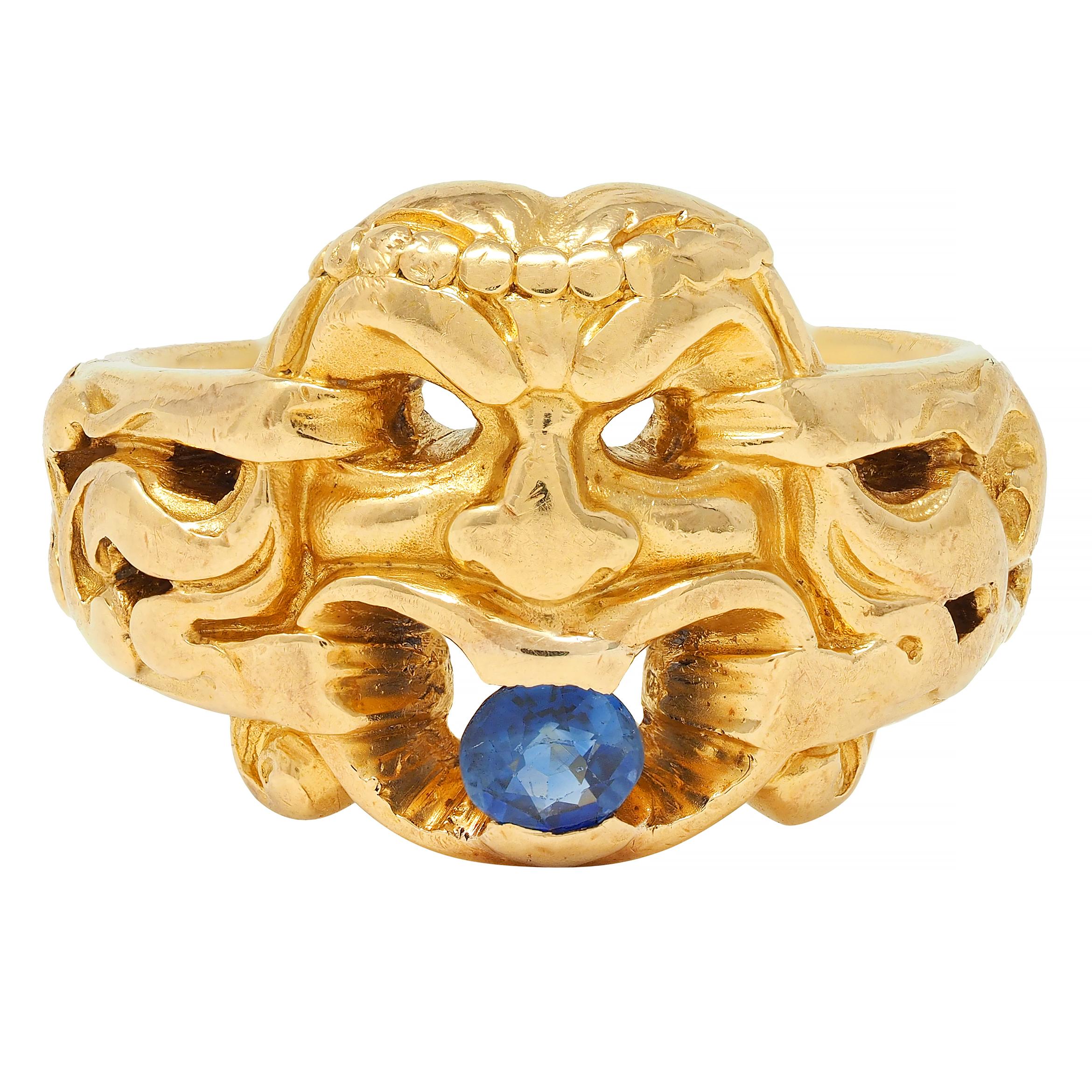 Victorian Sapphire 18 Karat Yellow Gold God Of Wind Antique Unisex Band Ring