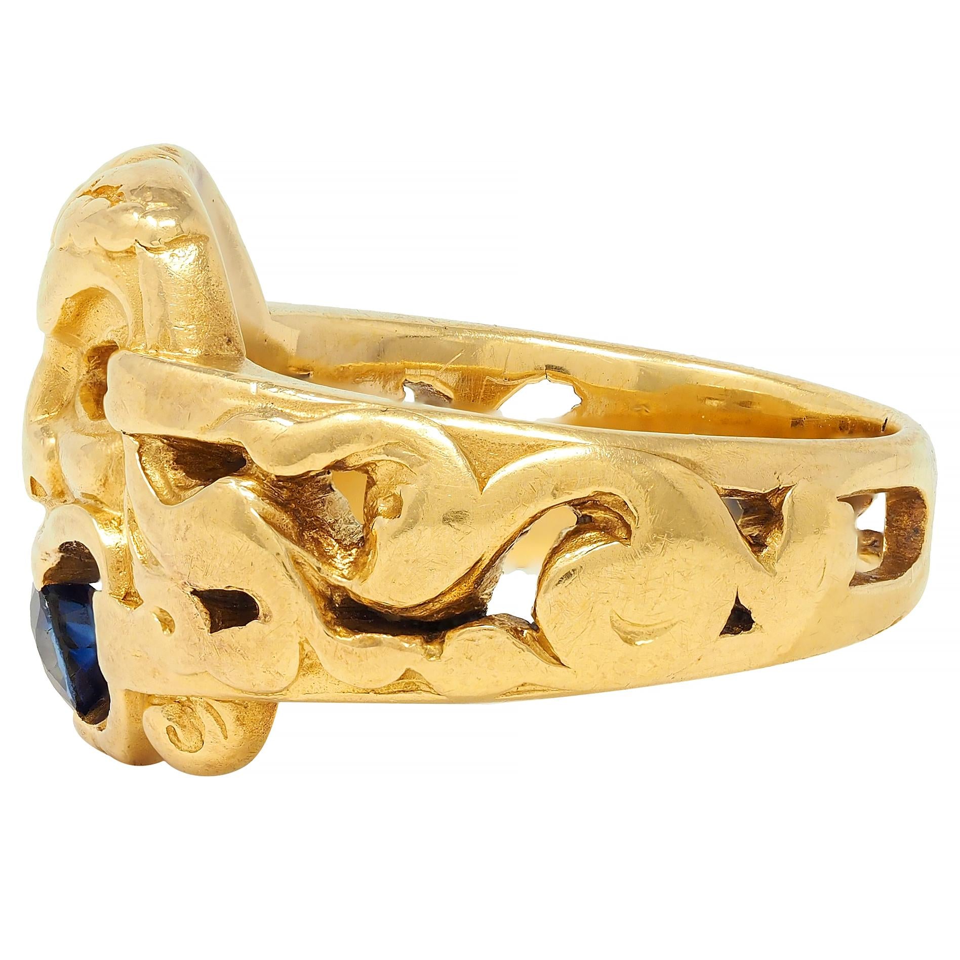 Victorian Sapphire 18 Karat Yellow Gold God Of Wind Antique Unisex Band Ring