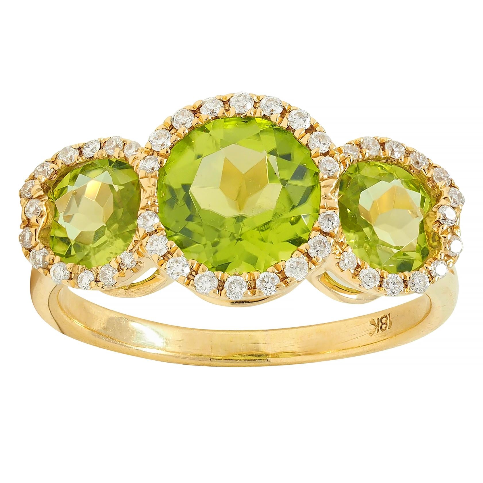 Contemporary 3.12 CTW Peridot Diamond 18 Karat Yellow Gold Tri-Halo Ring