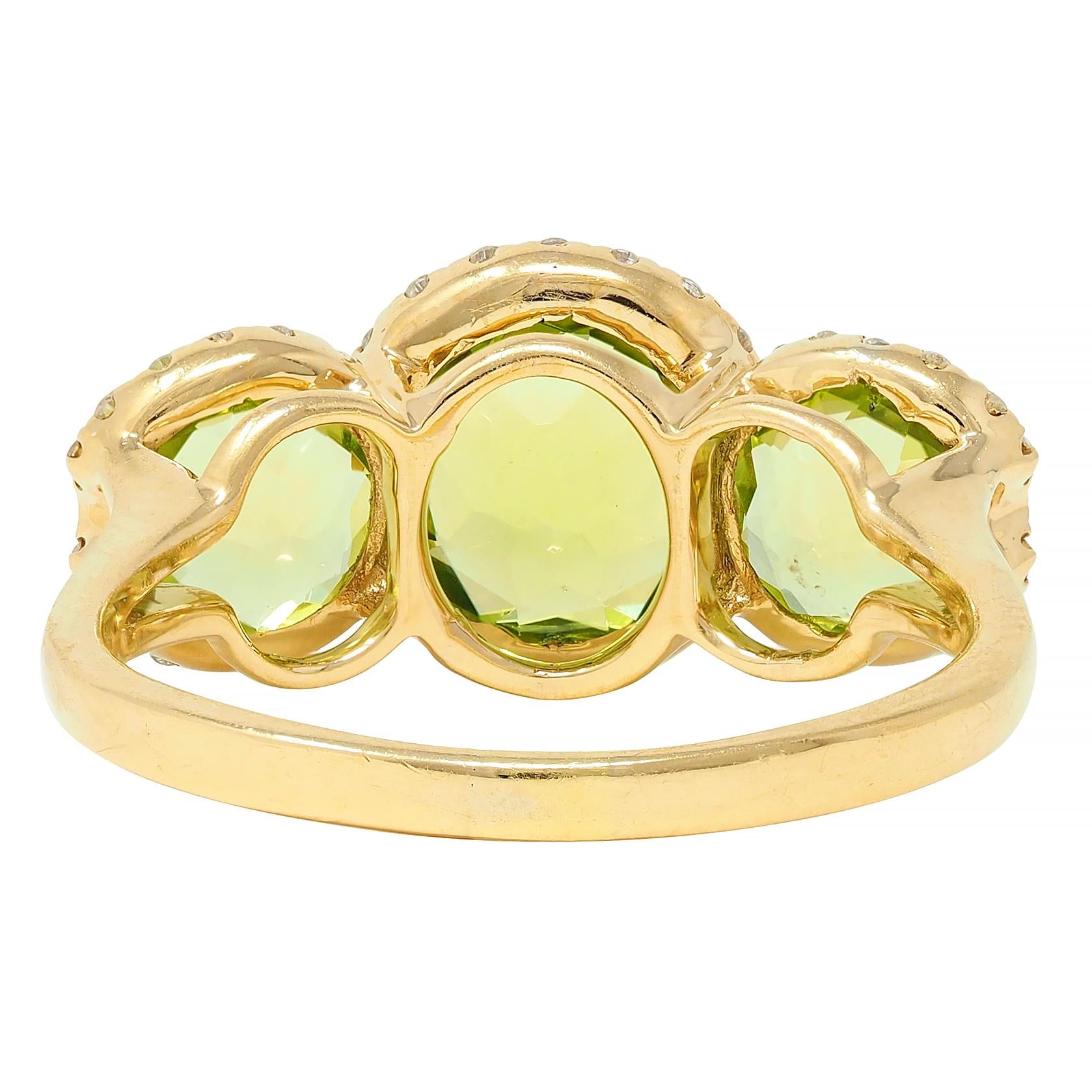 Contemporary 3.12 CTW Peridot Diamond 18 Karat Yellow Gold Tri-Halo Ring