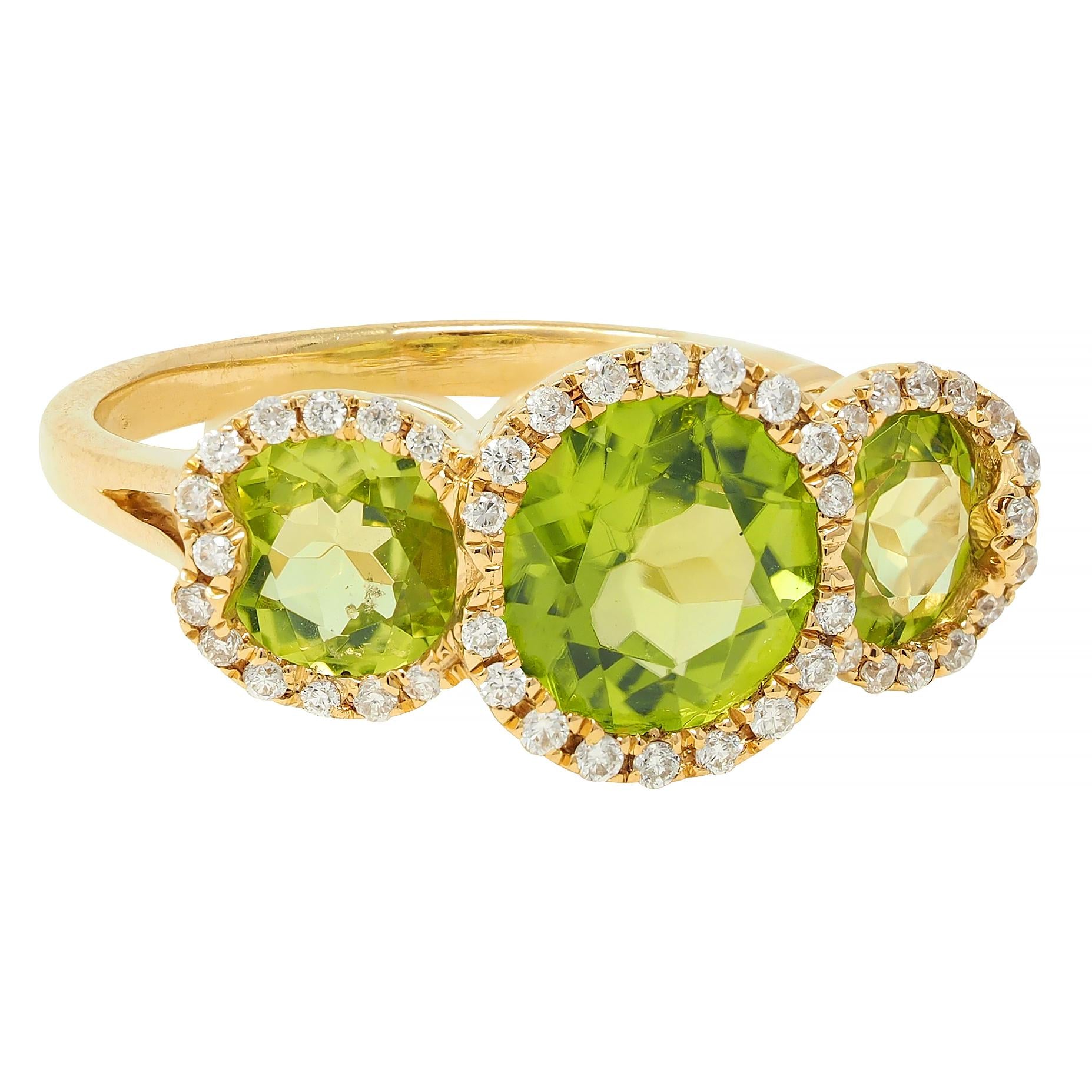 Contemporary 3.12 CTW Peridot Diamond 18 Karat Yellow Gold Tri-Halo Ring