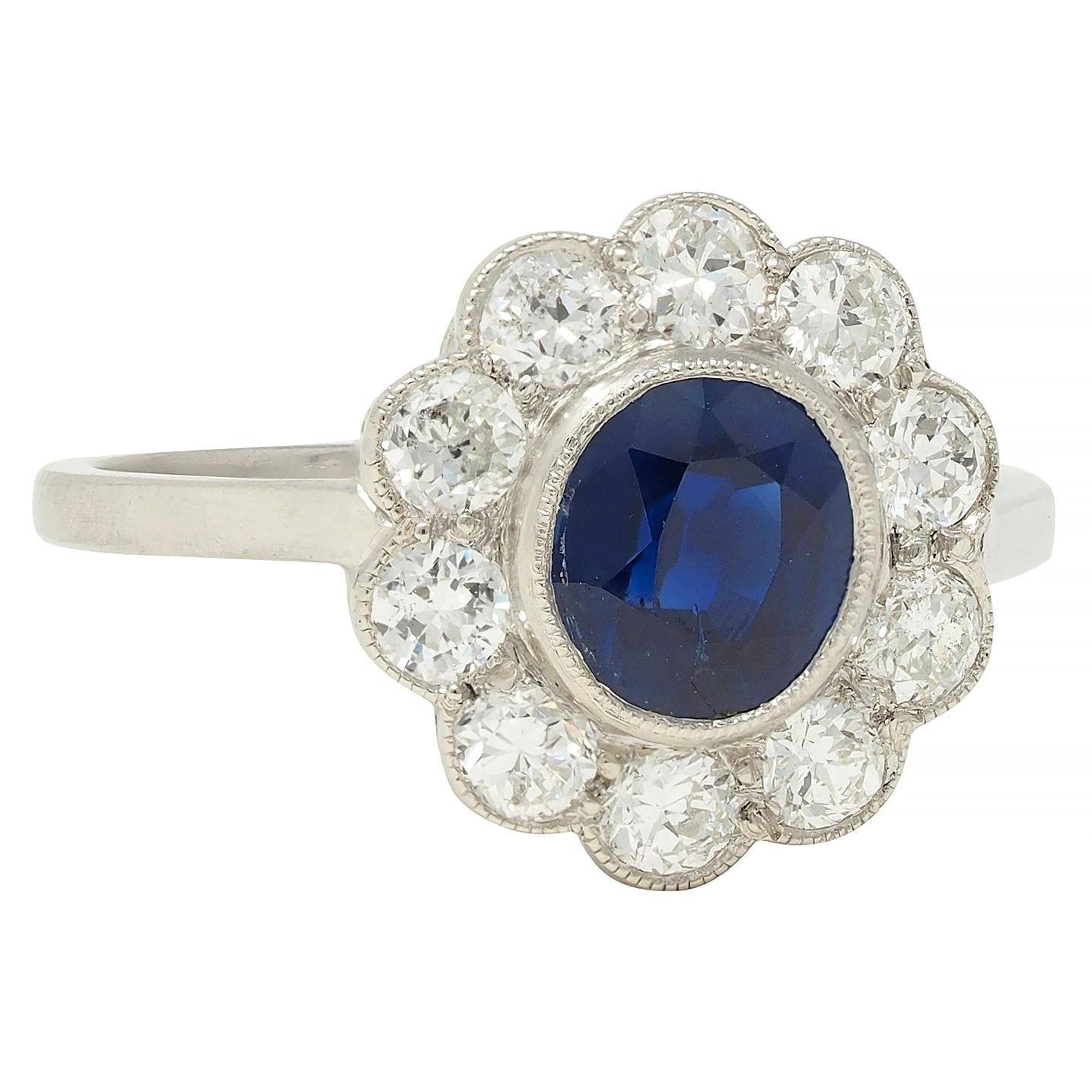 Art Deco 2.15 CTW Sapphire Diamond Platinum Vintage Halo Ring