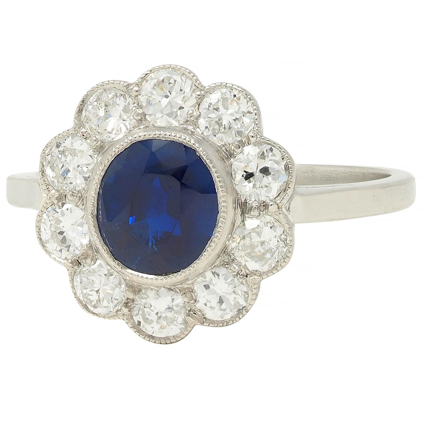 Art Deco 2.15 CTW Sapphire Diamond Platinum Vintage Halo Ring