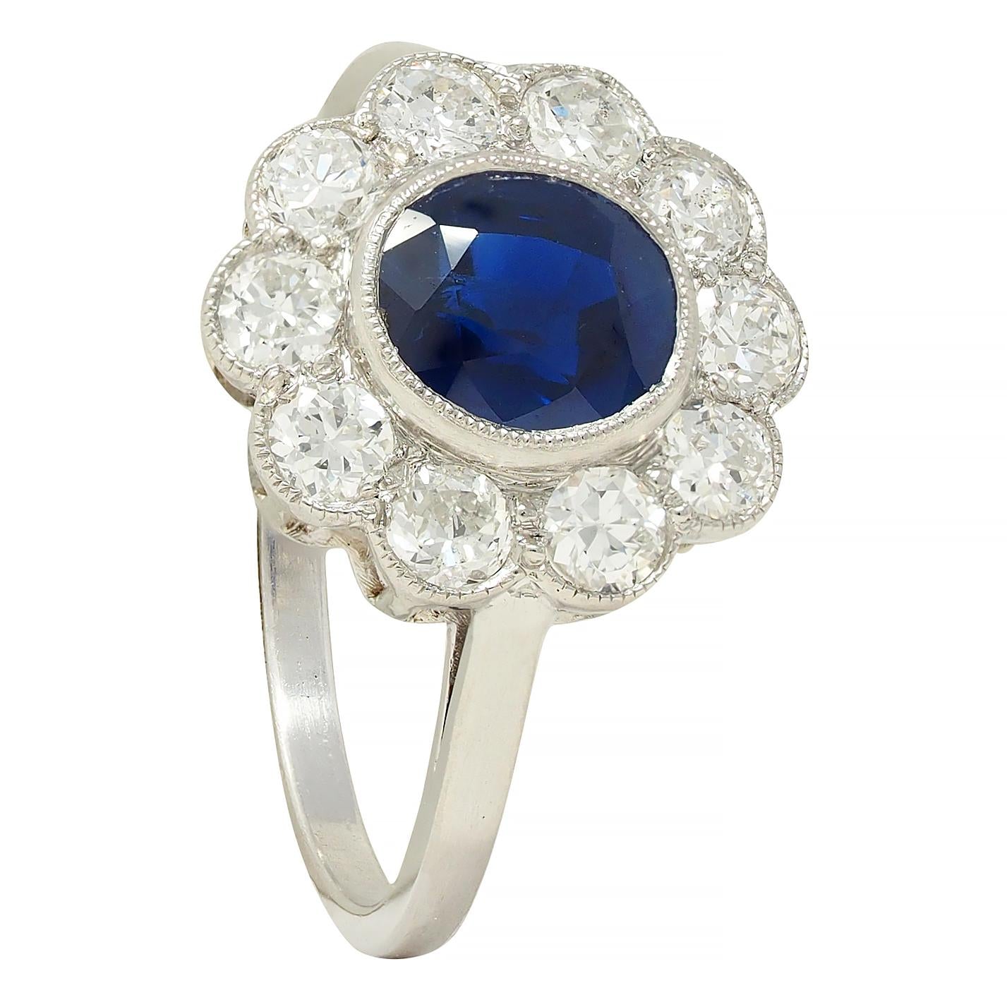 Art Deco 2.15 CTW Sapphire Diamond Platinum Vintage Halo Ring