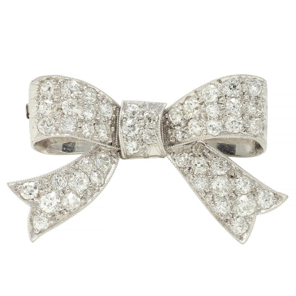 Art Deco 2.72 CTW Diamond Platinum 18 Karat Gold Vintage Bow Brooch