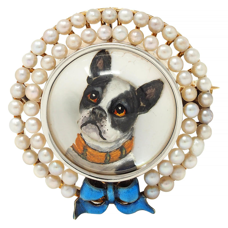 Edwardian Crystal Pearl Platinum 14K Gold Antique French French Bulldog Brooch