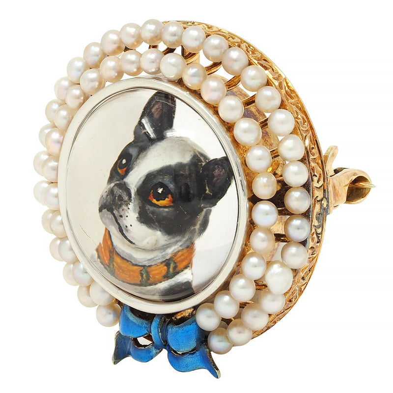 Edwardian Crystal Pearl Platinum 14K Gold Antique French French Bulldog Brooch