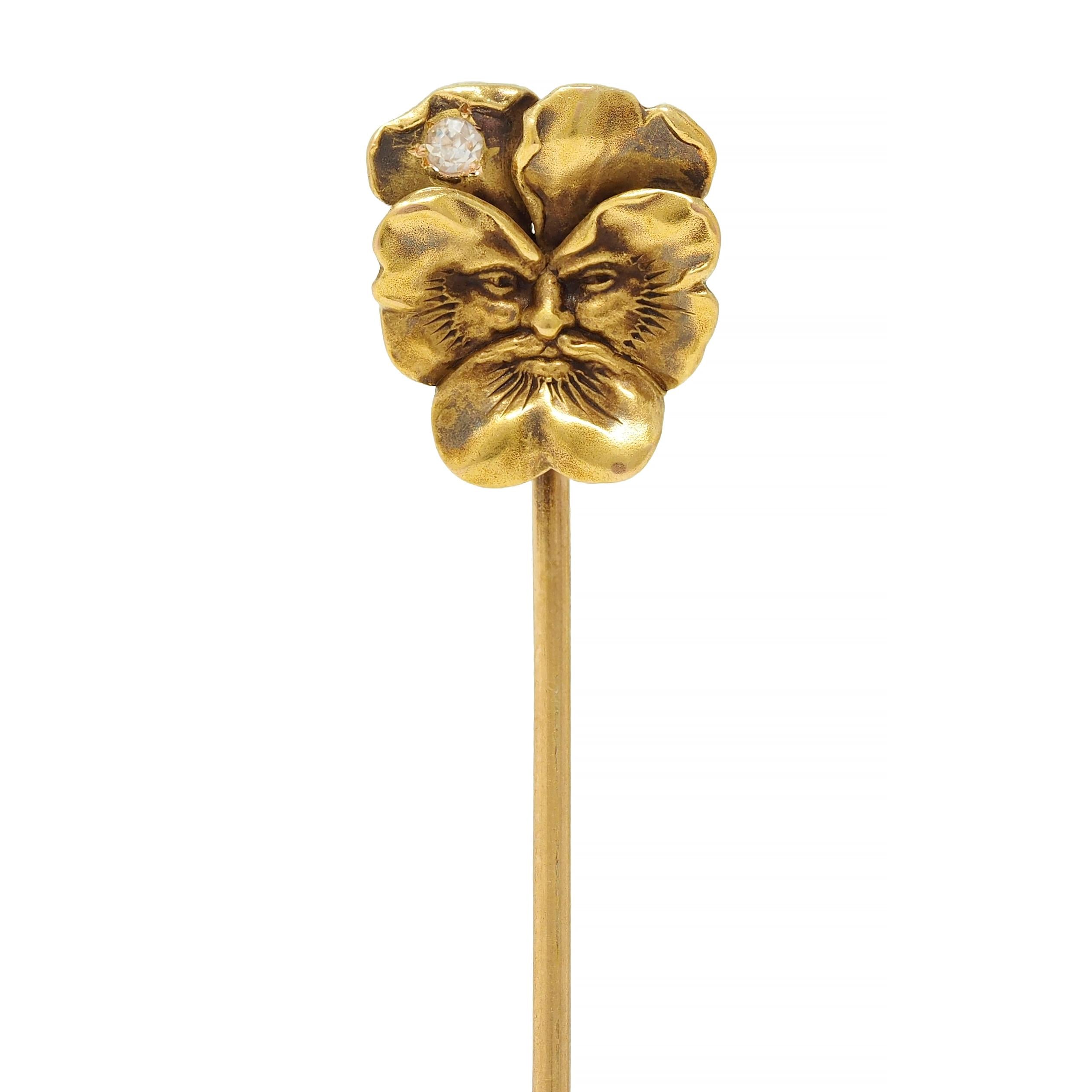 Art Nouveau Diamond 14 Karat Yellow Gold Antique Pansy Face Stickpin