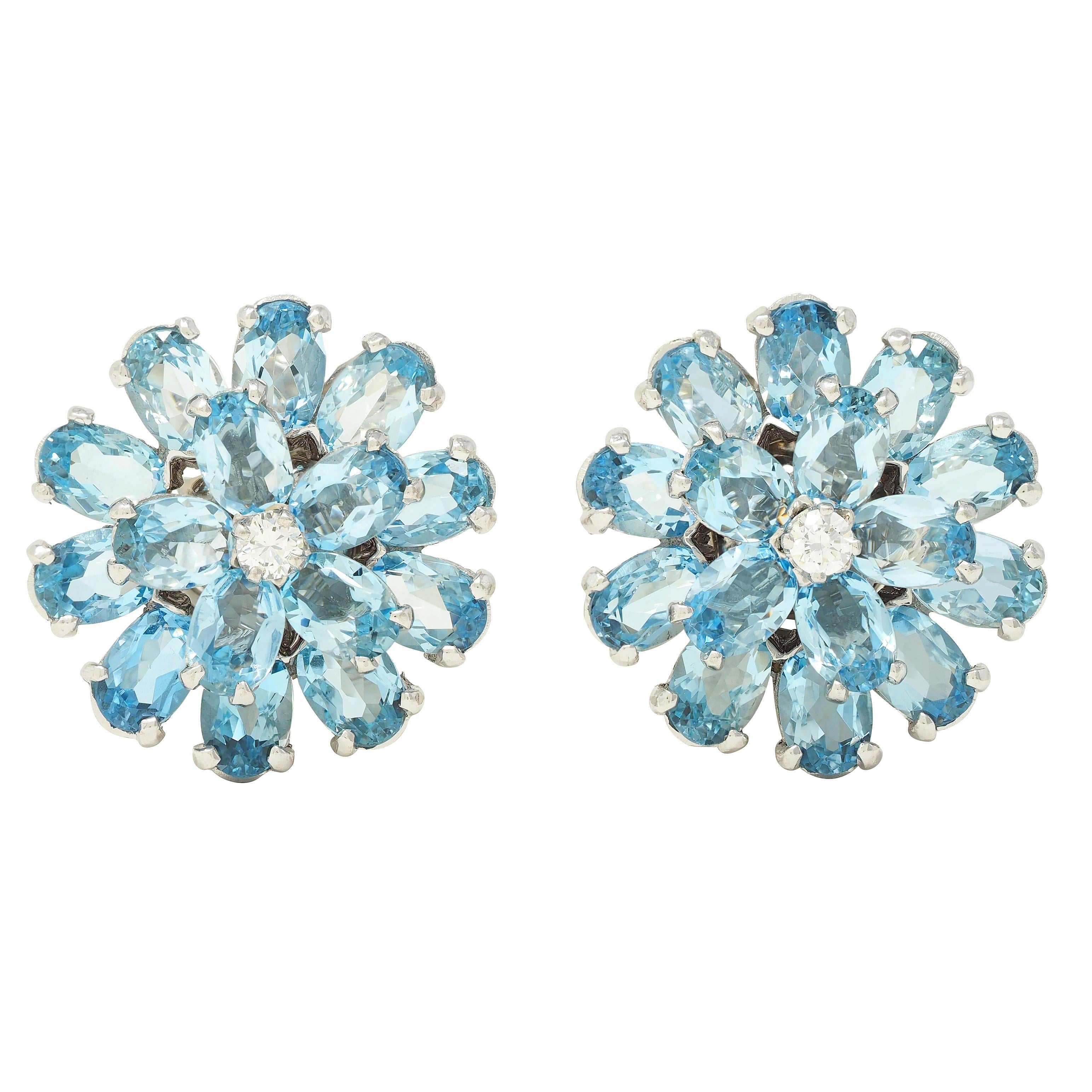 1960's 9.20 CTW Aquamarine Diamond 14 Karat White Gold Vintage Flower Earrings