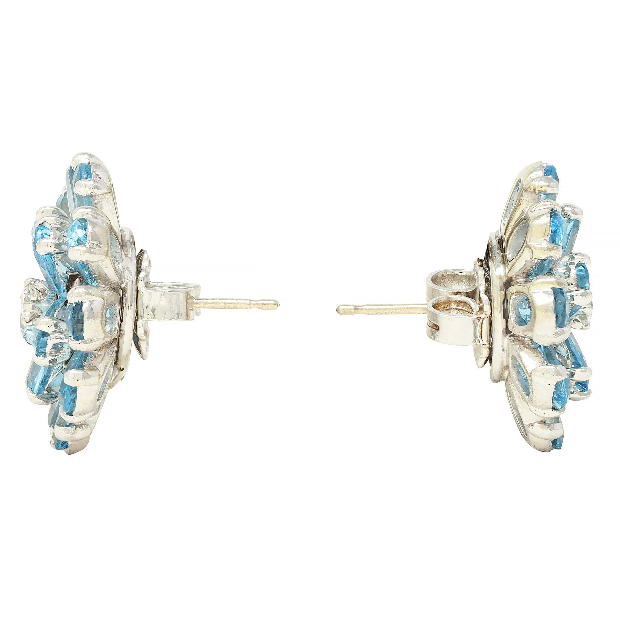 1960's 9.20 CTW Aquamarine Diamond 14 Karat White Gold Vintage Flower Earrings