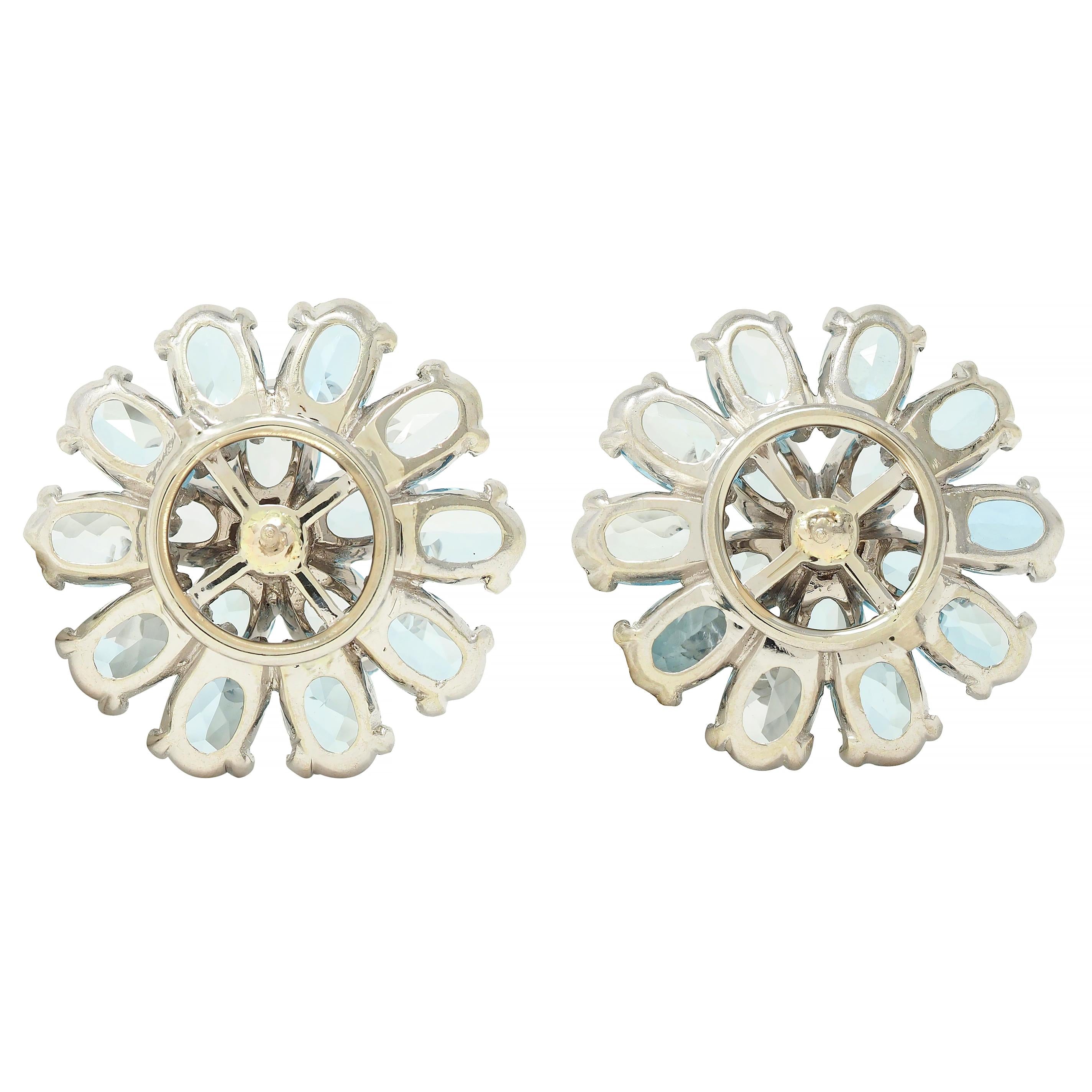 1960's 9.20 CTW Aquamarine Diamond 14 Karat White Gold Vintage Flower Earrings