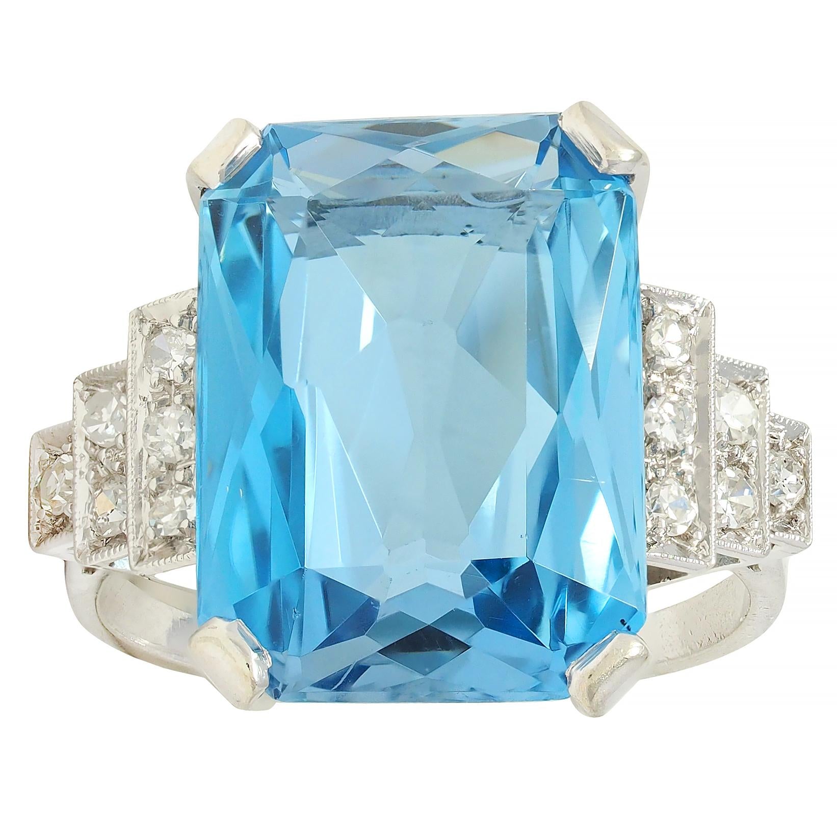 Mid-Century 9.22 CTW Aquamarine Diamond Platinum 18K Gold Vintage Cocktail Ring