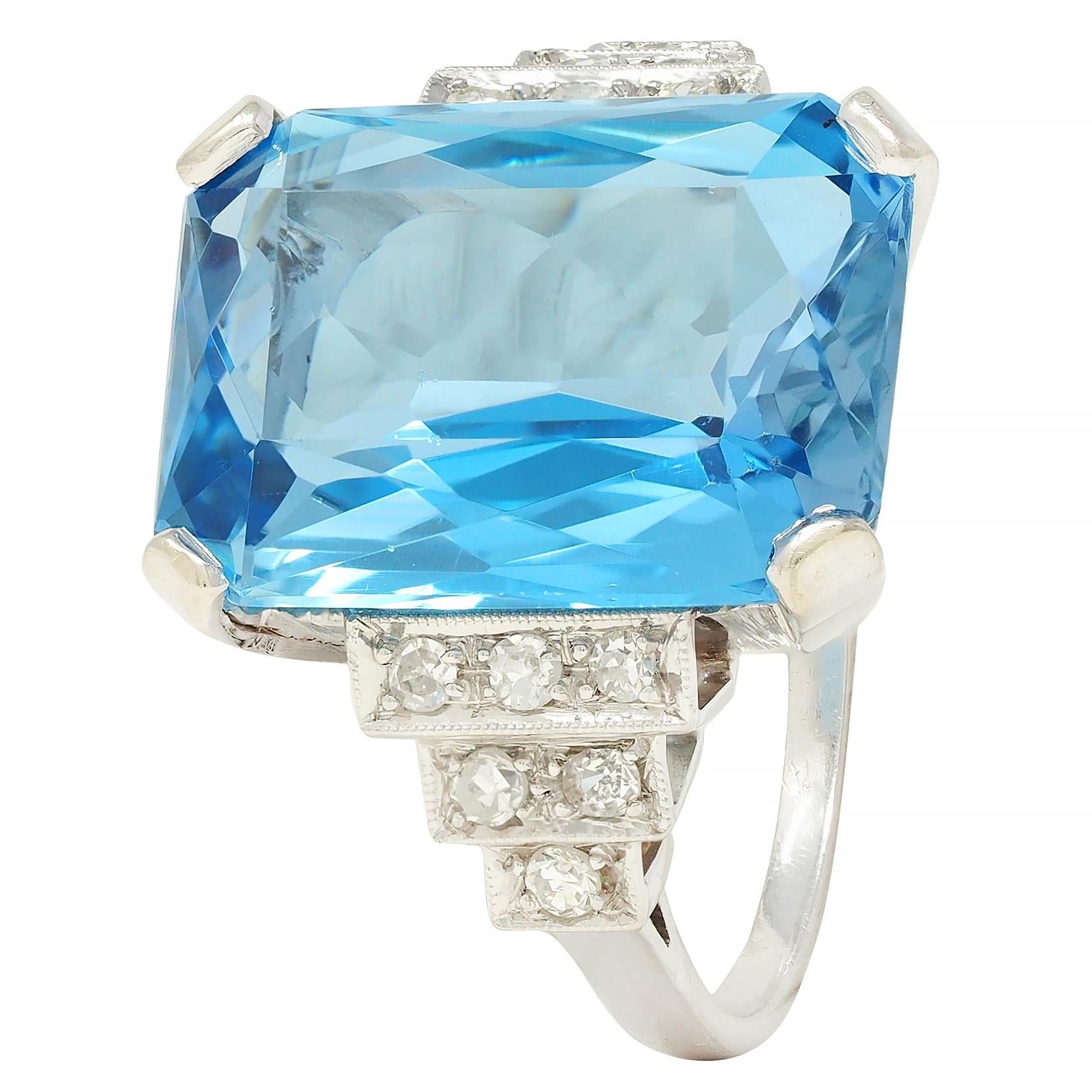 Mid-Century 9.22 CTW Aquamarine Diamond Platinum 18K Gold Vintage Cocktail Ring