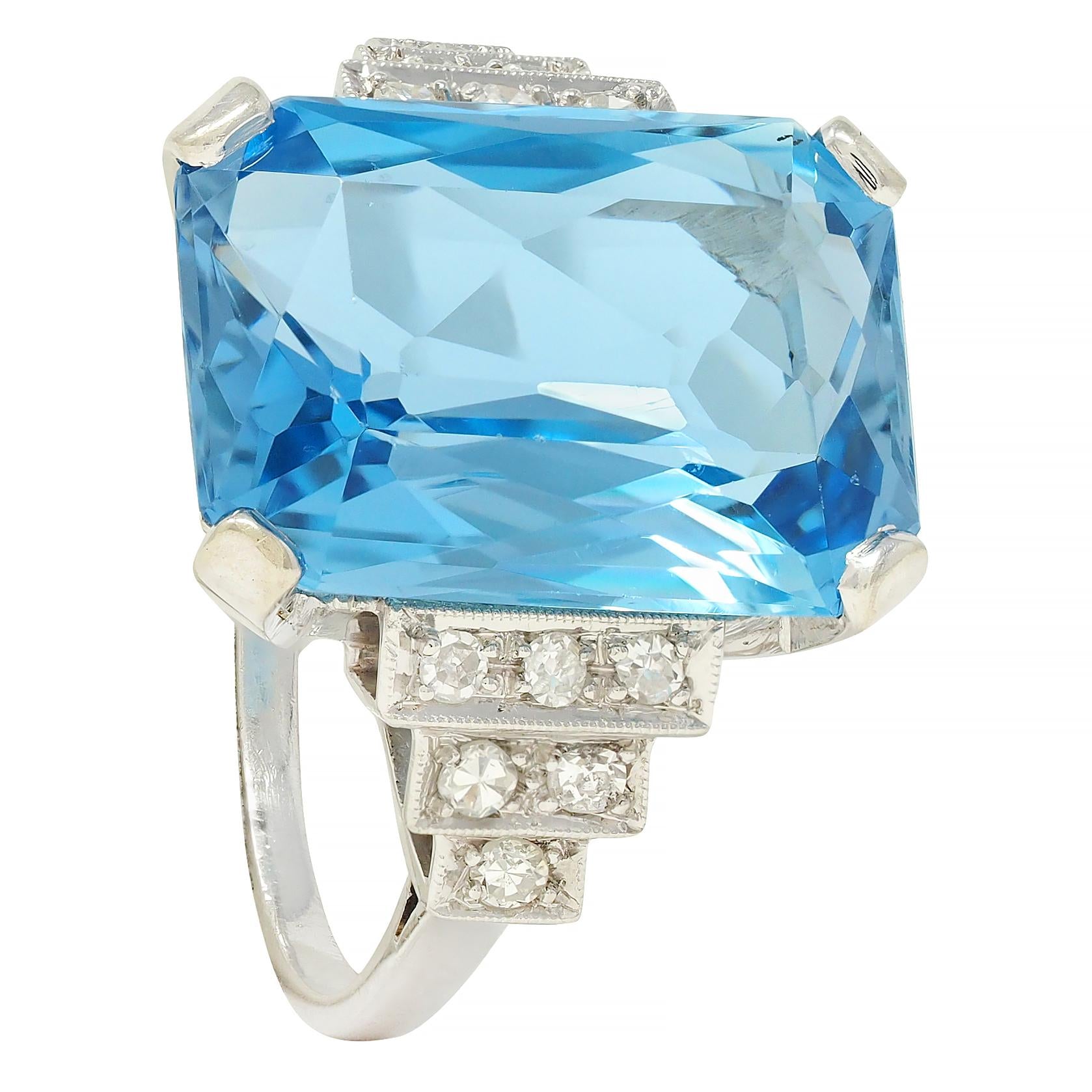 Mid-Century 9.22 CTW Aquamarine Diamond Platinum 18K Gold Vintage Cocktail Ring