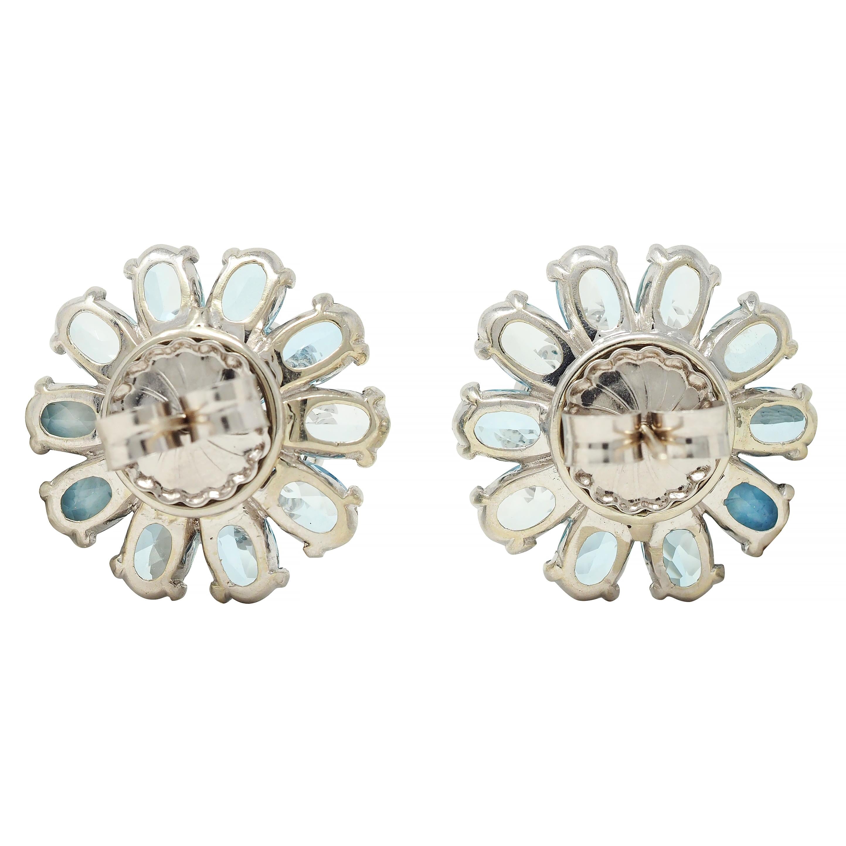 1960's 9.20 CTW Aquamarine Diamond 14 Karat White Gold Vintage Flower Earrings