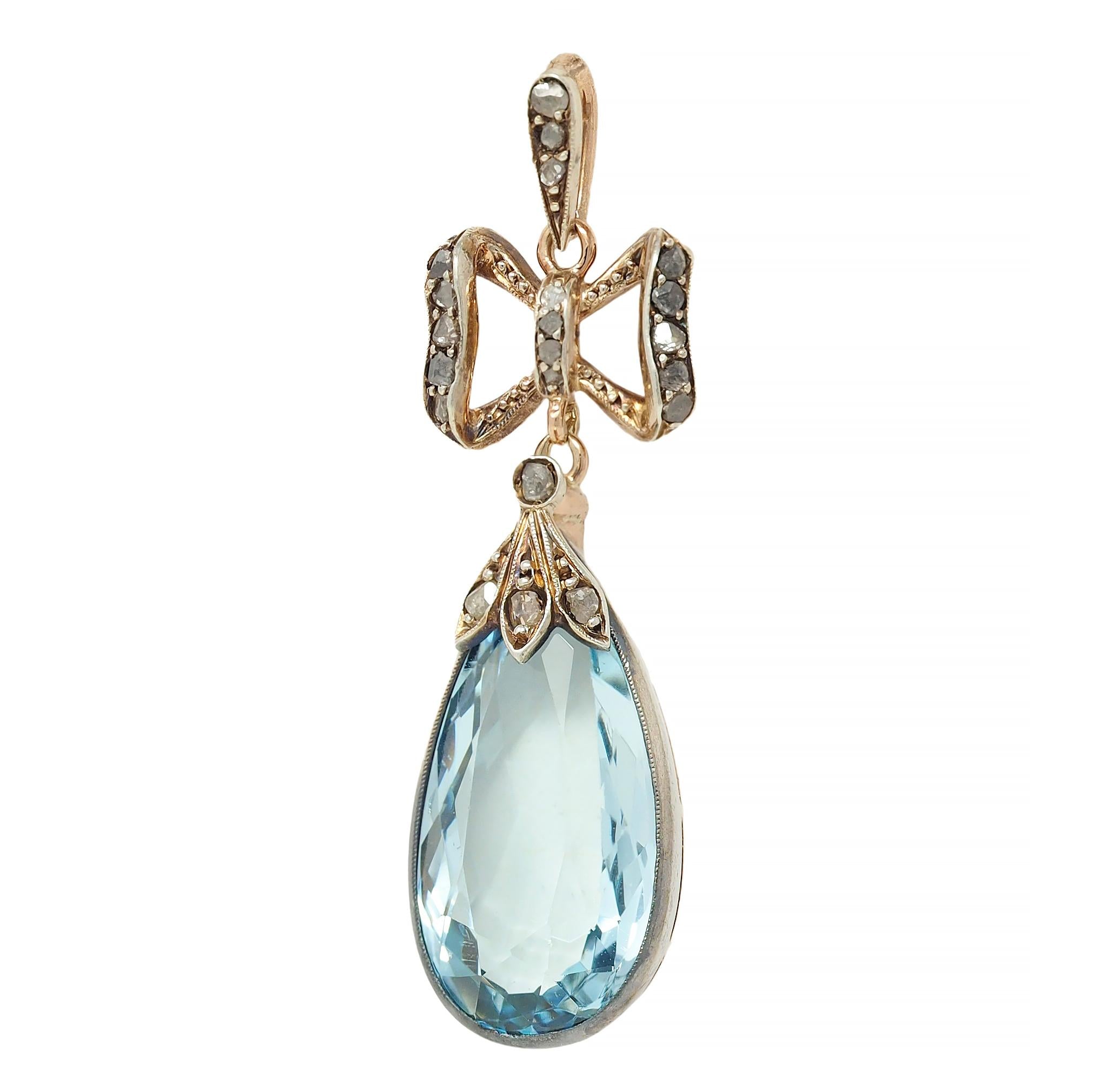 Victorian 7.50 CTW Aquamarine Diamond 14K Gold Silver Antique Bow Pendant