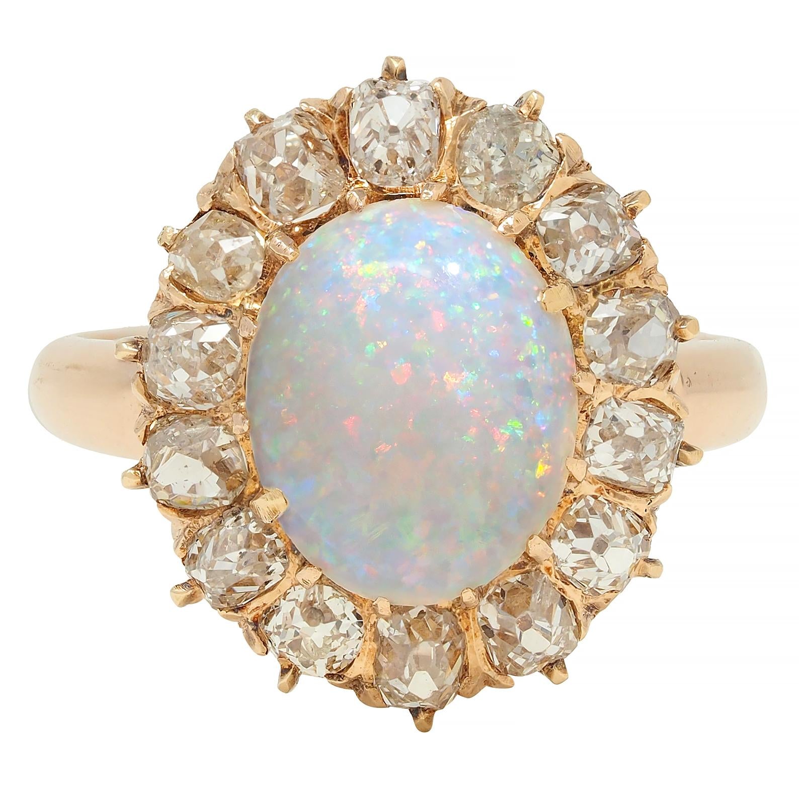 Vintage 1.40 CTW Old Mine Diamond Opal 14 Karat Rose Gold Halo Ring