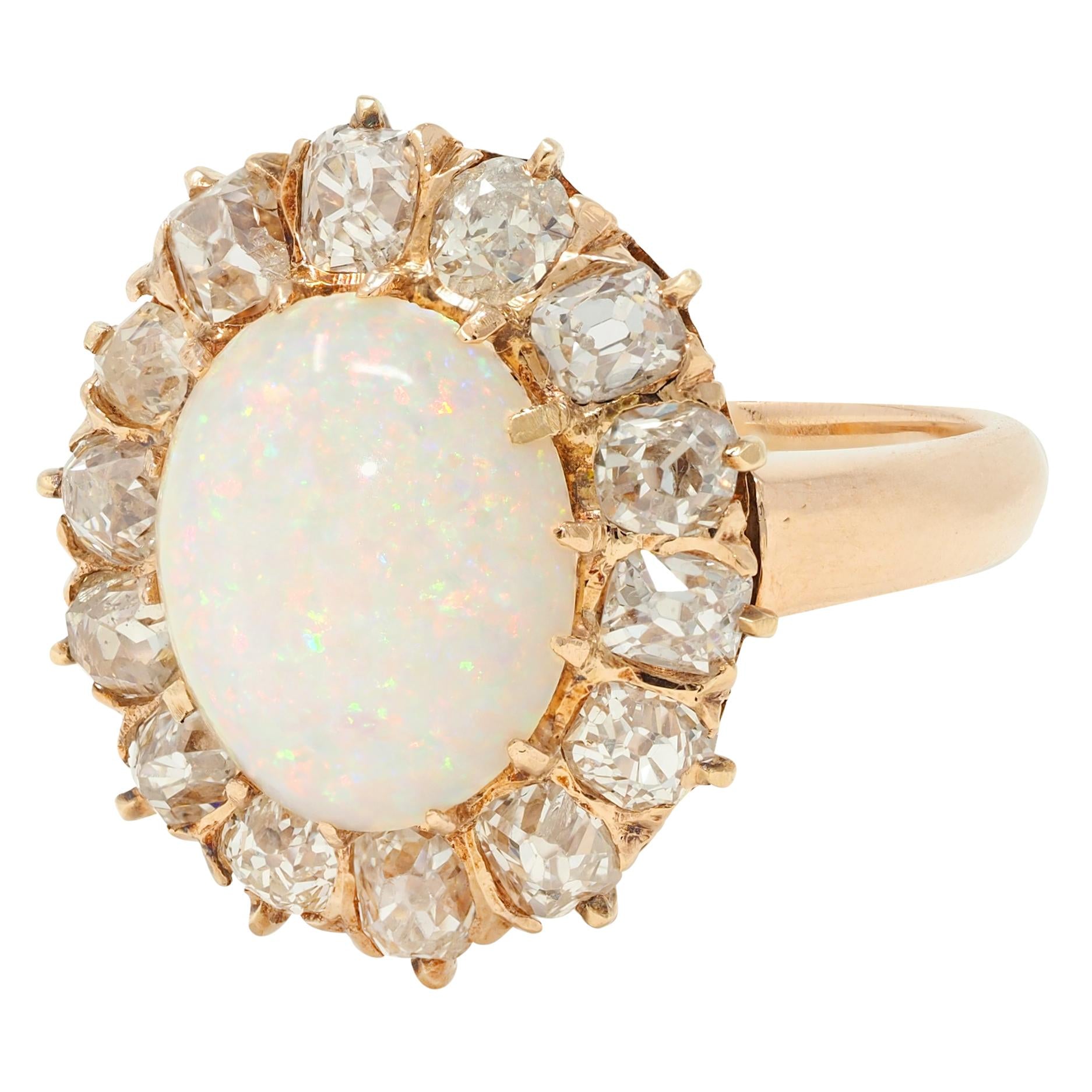 Vintage 1.40 CTW Old Mine Diamond Opal 14 Karat Rose Gold Halo Ring