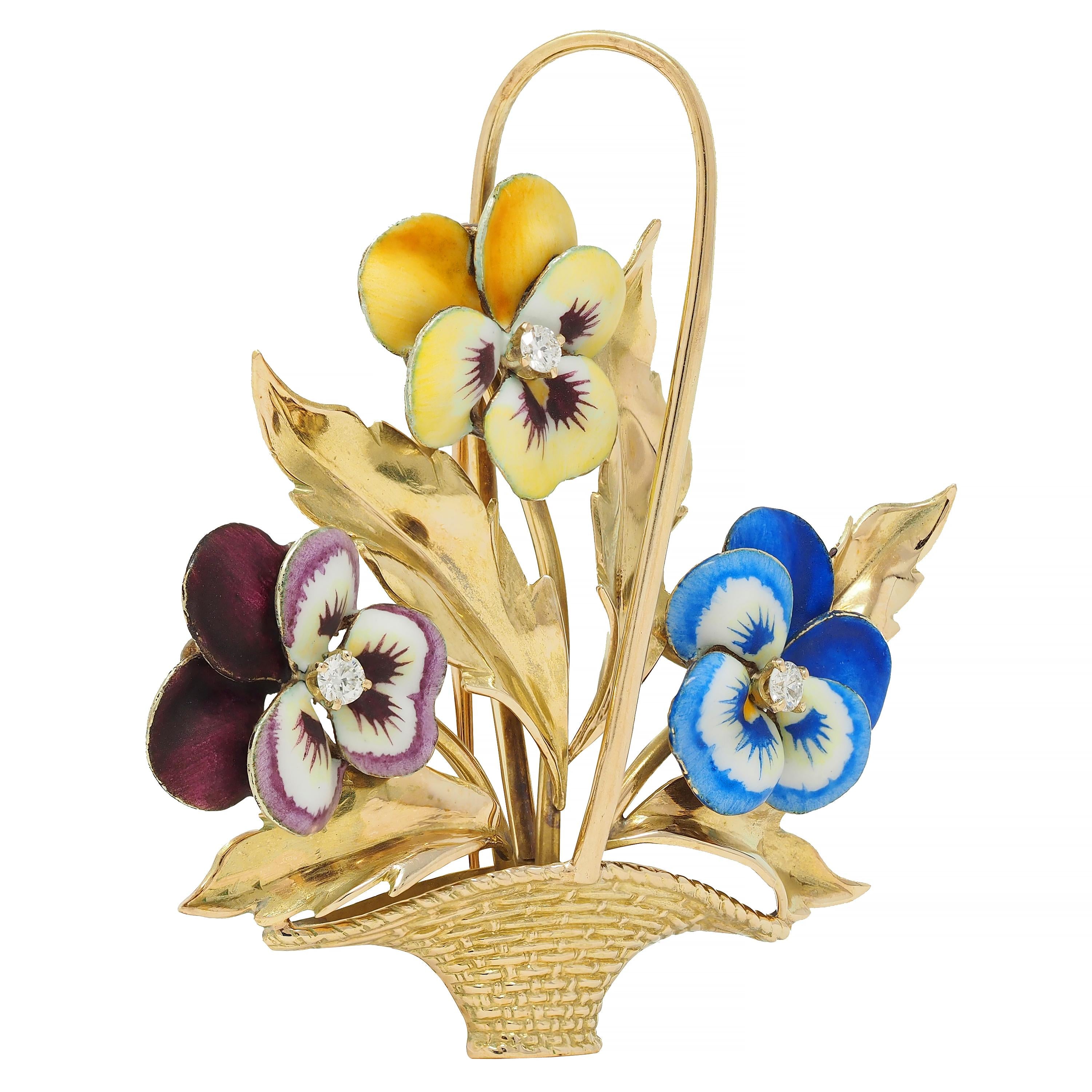 A. J. Hedges & Co. Enamel Diamond 14 Karat Gold Antique Basket Of Pansies Brooch