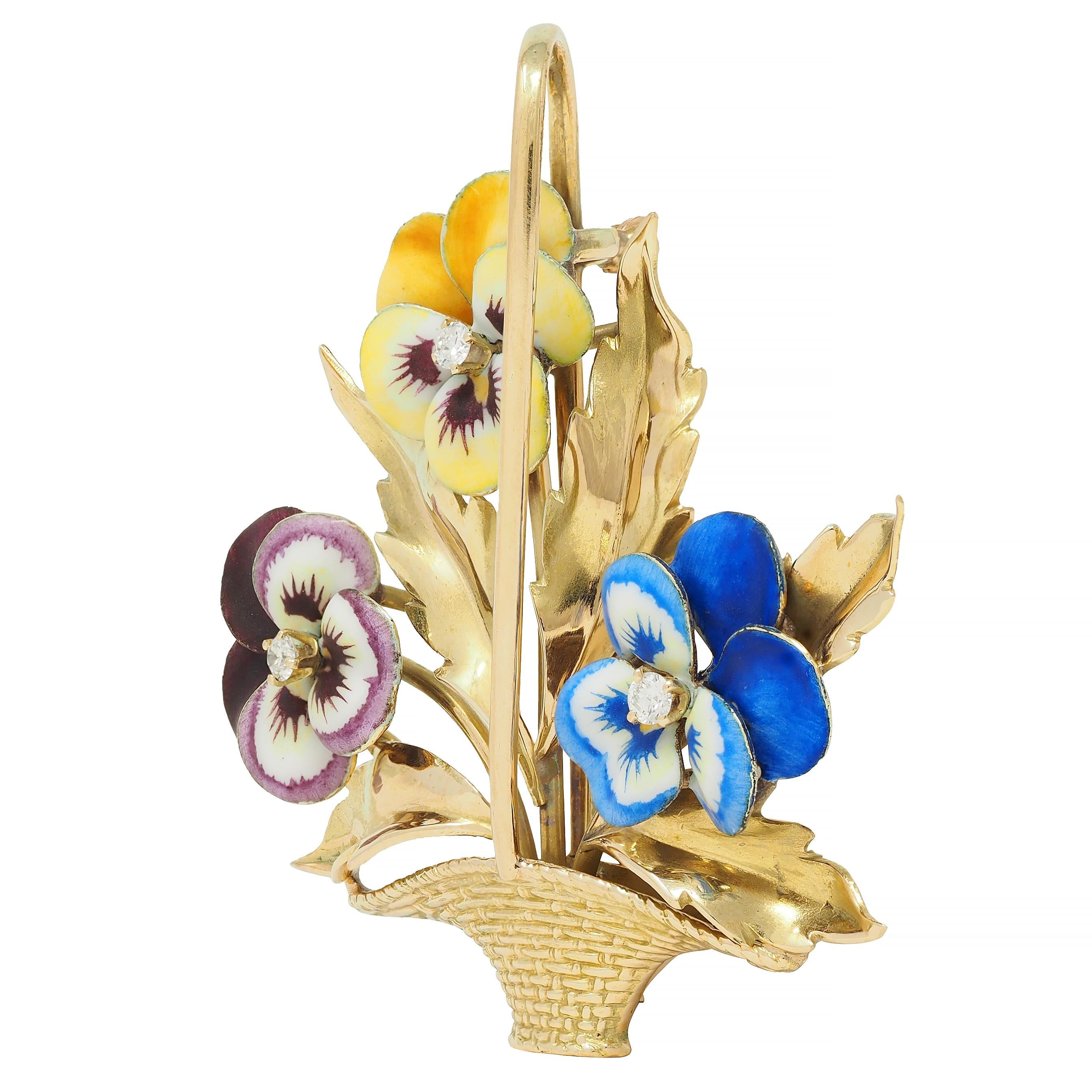 A. J. Hedges & Co. Enamel Diamond 14 Karat Gold Antique Basket Of Pansies Brooch