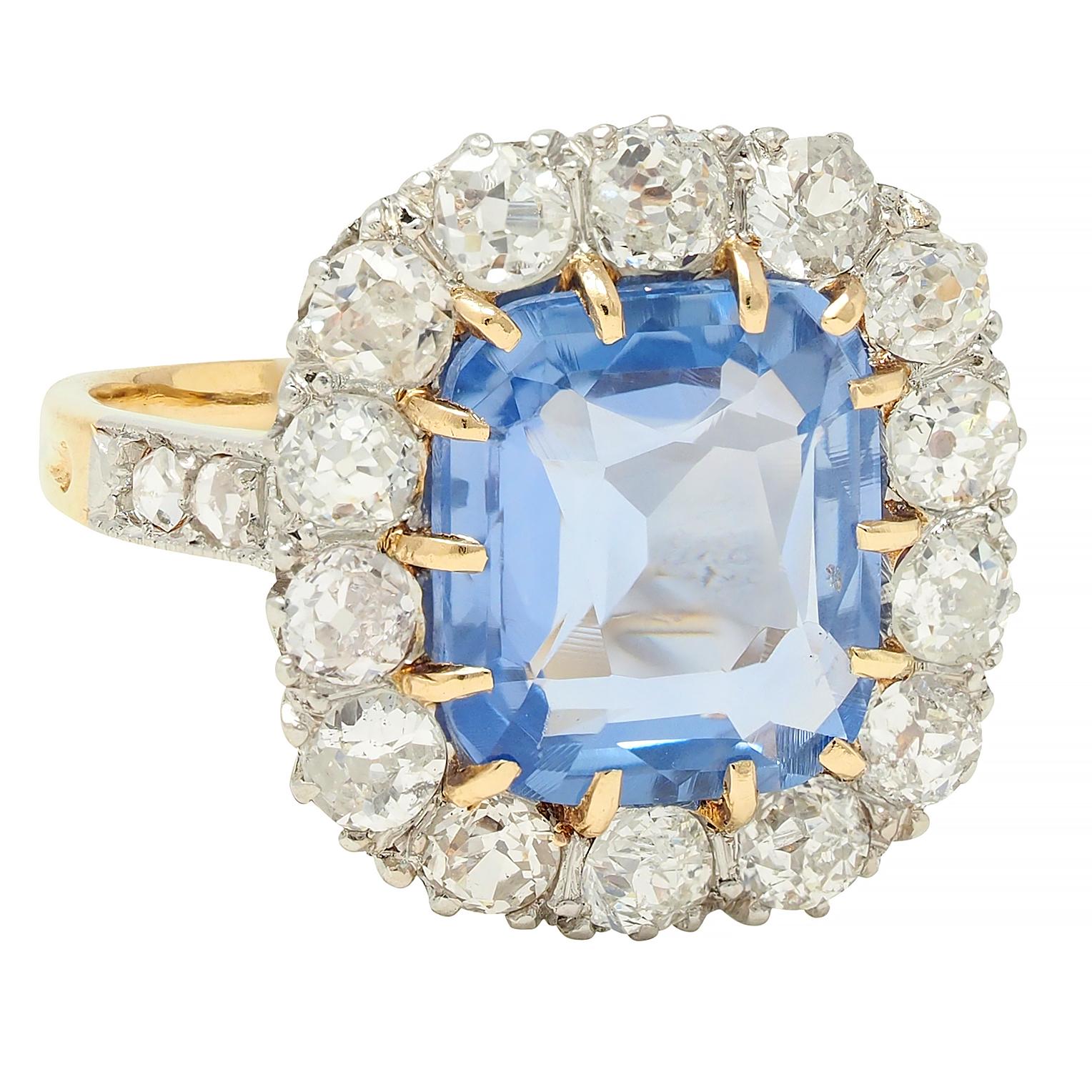 Edwardian 5.29 CTW No Heat Ceylon Sapphire Diamond Platinum 18K Gold Halo Ring