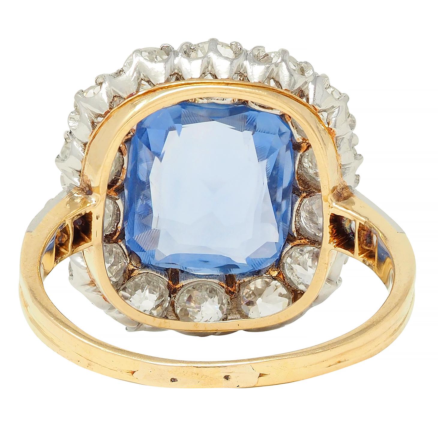 Edwardian 5.29 CTW No Heat Ceylon Sapphire Diamond Platinum 18K Gold Halo Ring