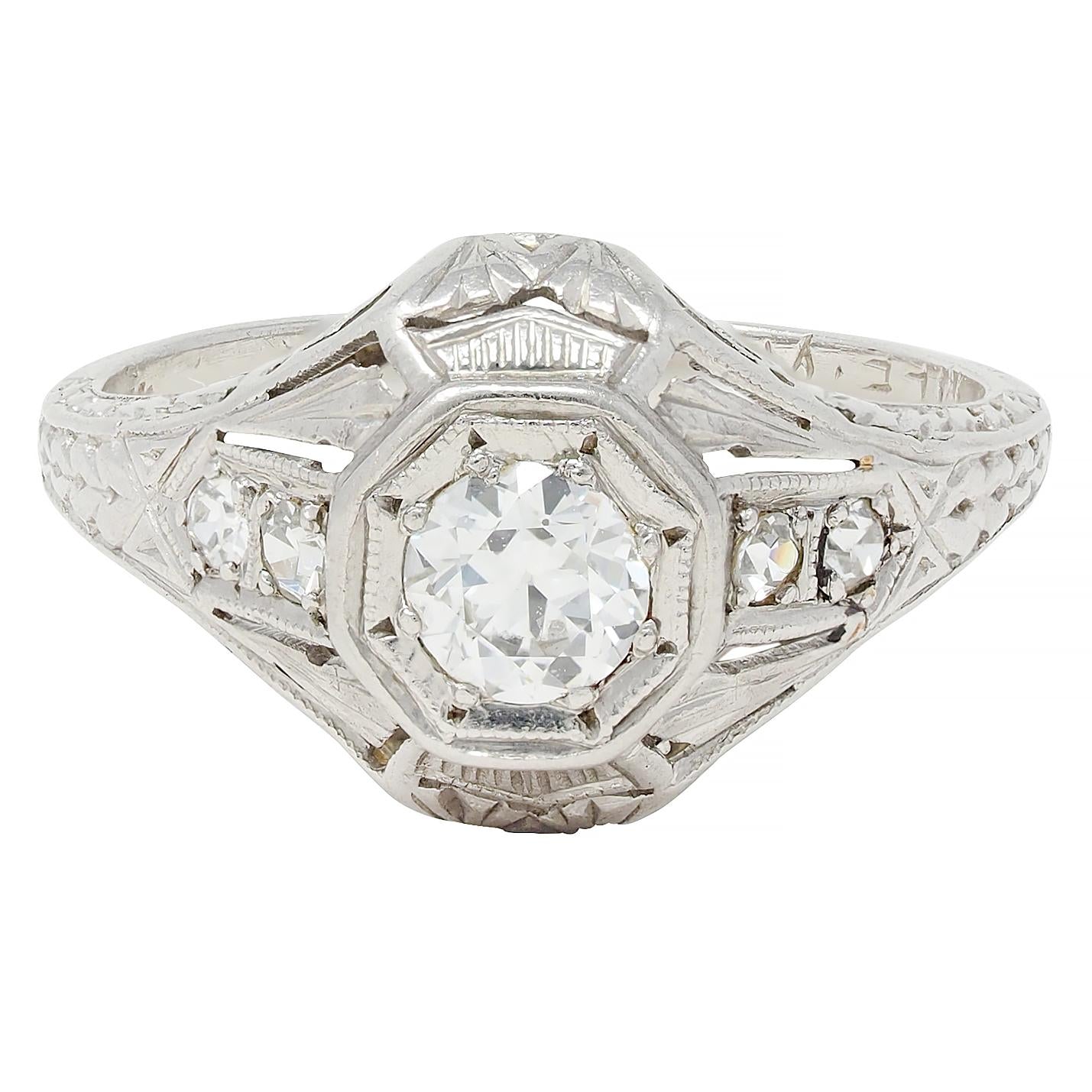 1926 Art Deco 0.38 CTW Old European Diamond Platinum Vintage Engagement Ring